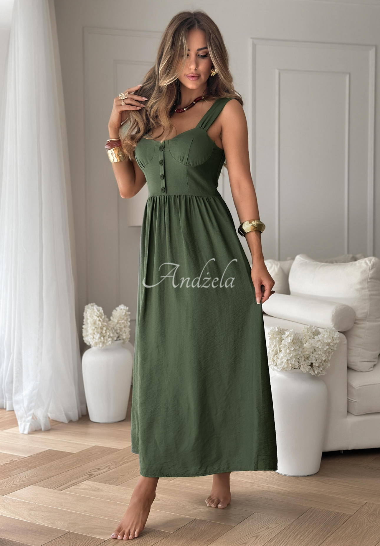 Viskózové šaty na ramínka La Esmeralda khaki