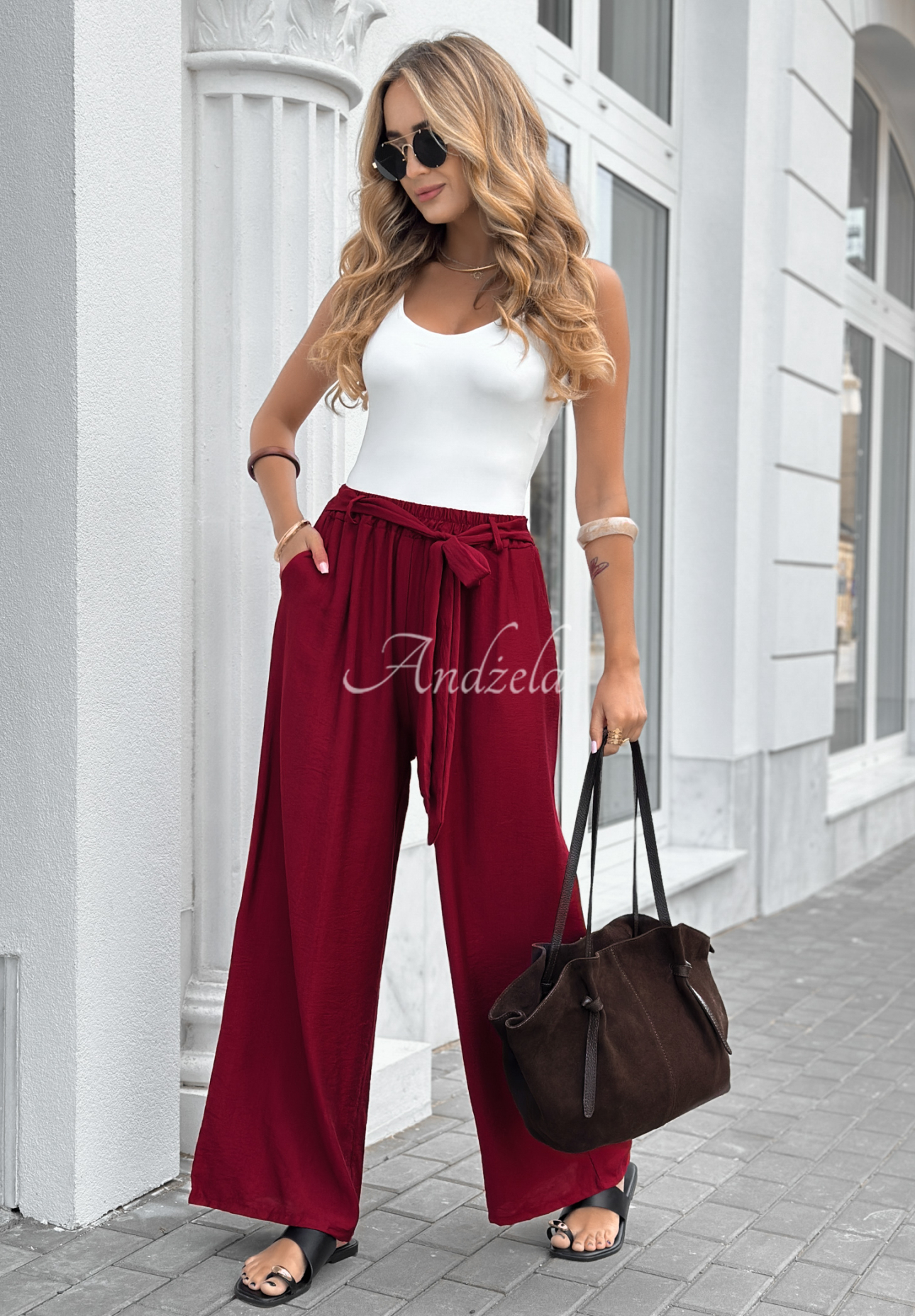 Viskózové kalhoty wide leg s páskem Jefferson City bordové