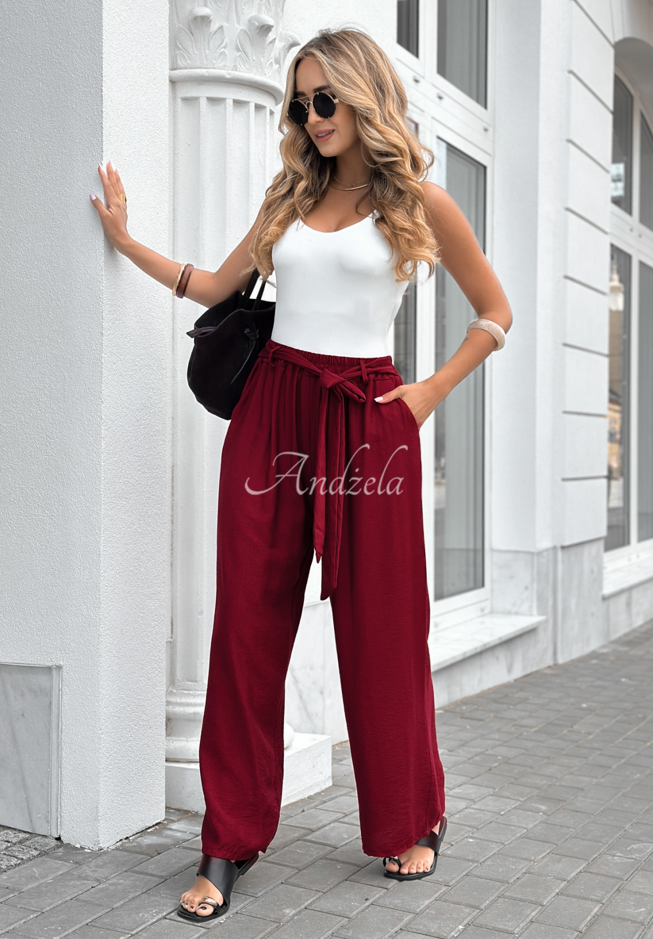 Viskózové kalhoty wide leg s páskem Jefferson City bordové