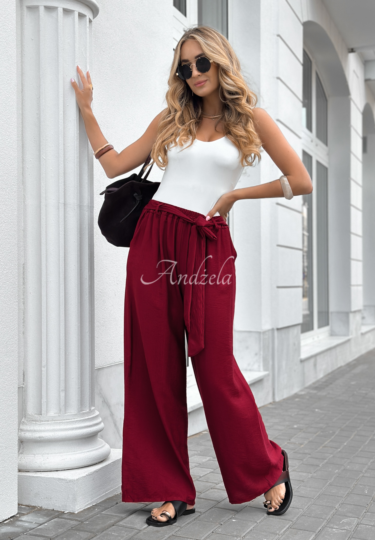 Viskózové kalhoty wide leg s páskem Jefferson City bordové