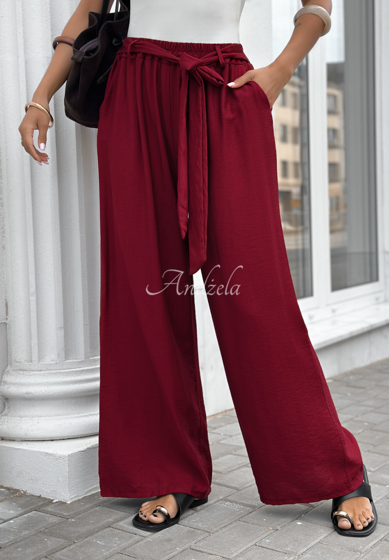 Viskózové kalhoty wide leg s páskem Jefferson City bordové