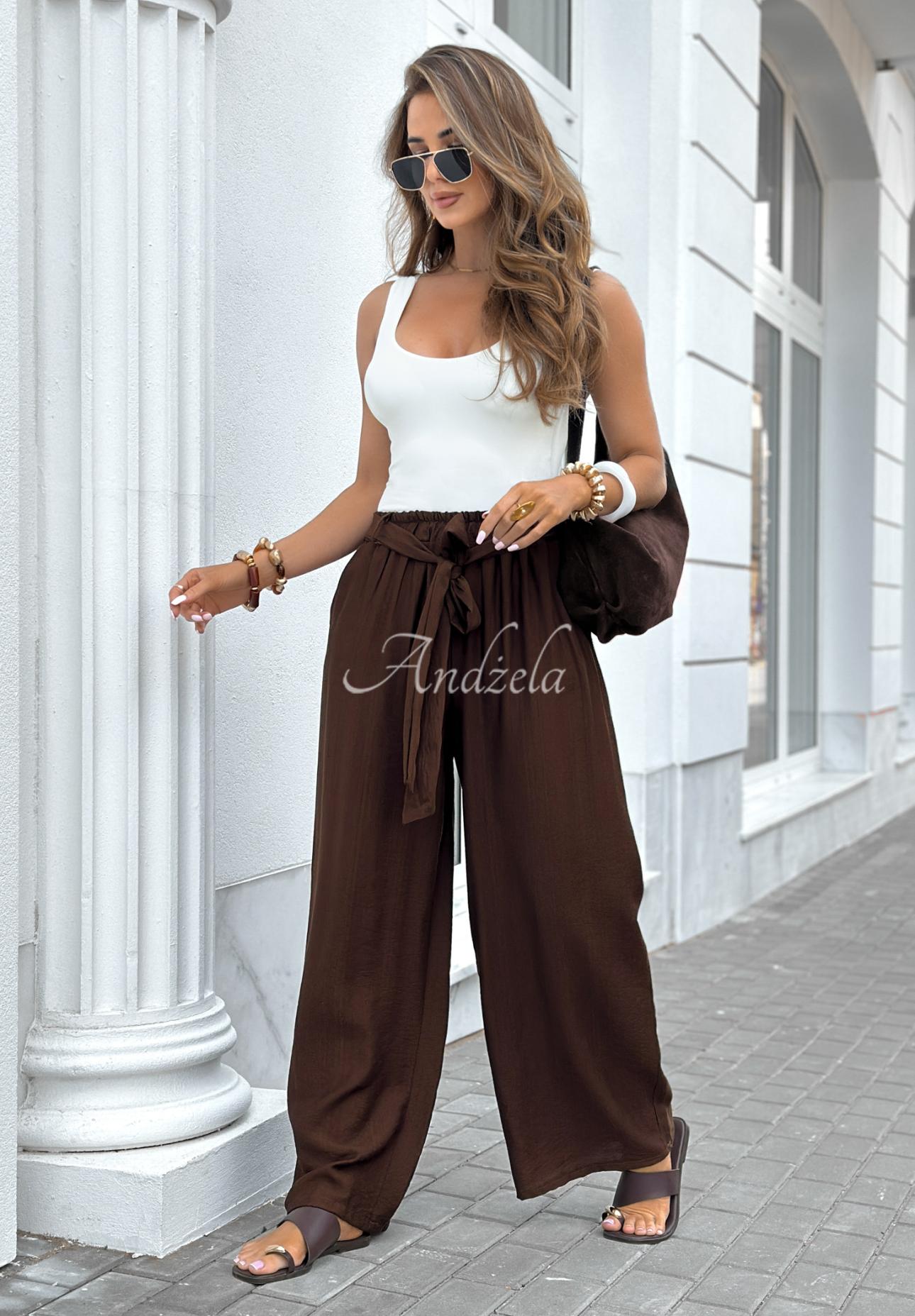 Viskózové kalhoty wide leg s páskem Jefferson City čokoládové