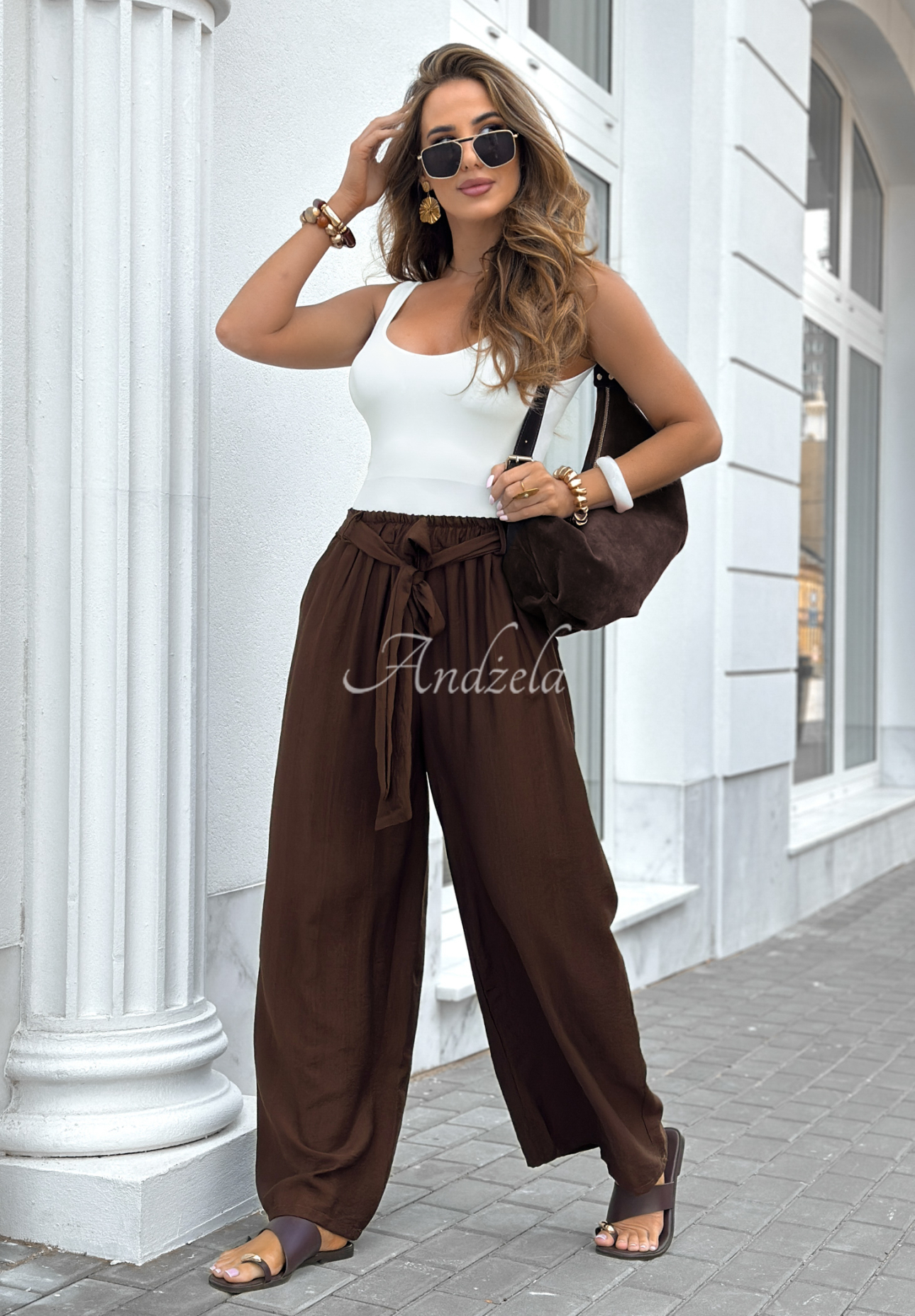 Viskózové kalhoty wide leg s páskem Jefferson City čokoládové