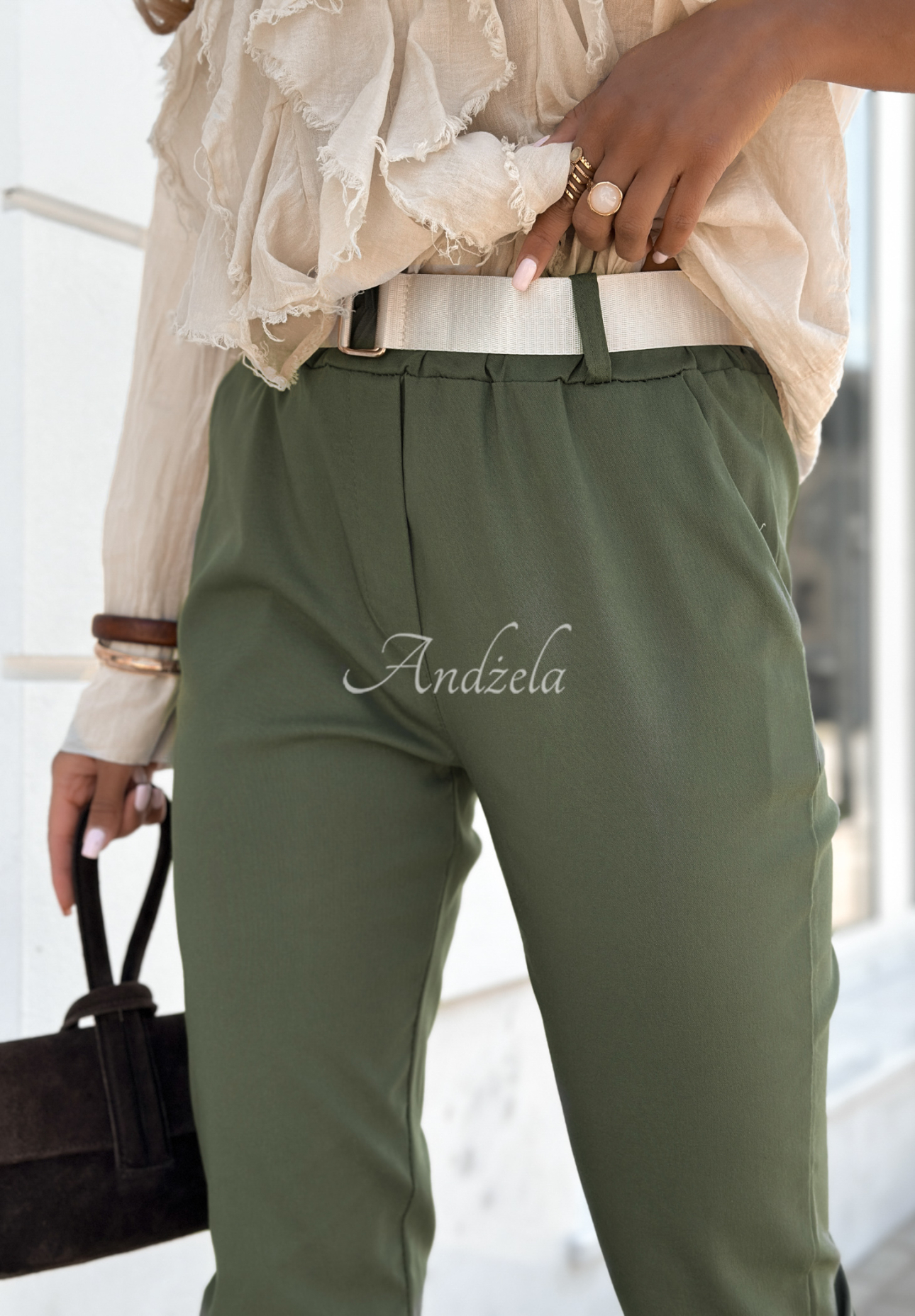 Viskózové džíny s páskem Charleston khaki