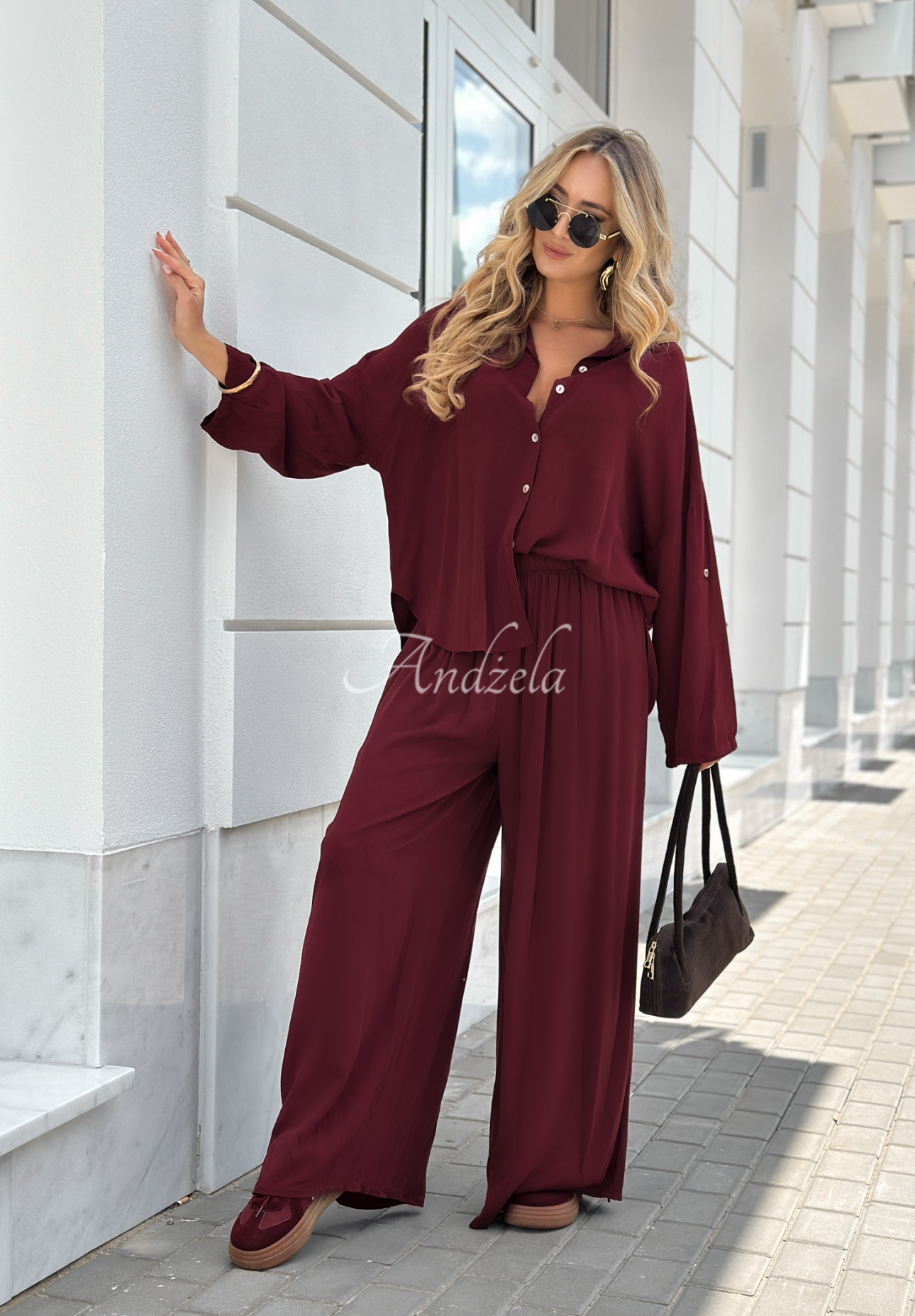 Viskózová souprava košile a kalhoty wide leg Summer Skies vínový