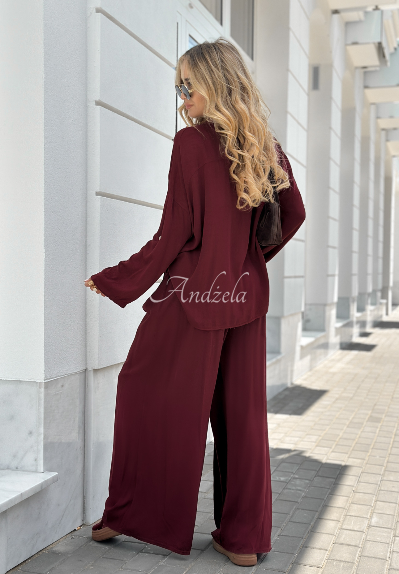 Viskózová souprava košile a kalhoty wide leg Summer Skies vínový