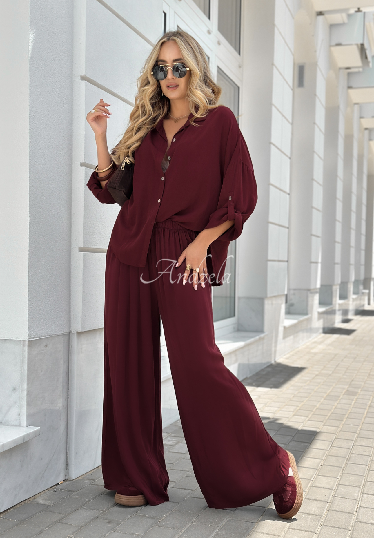Viskózová souprava košile a kalhoty wide leg Summer Skies vínový