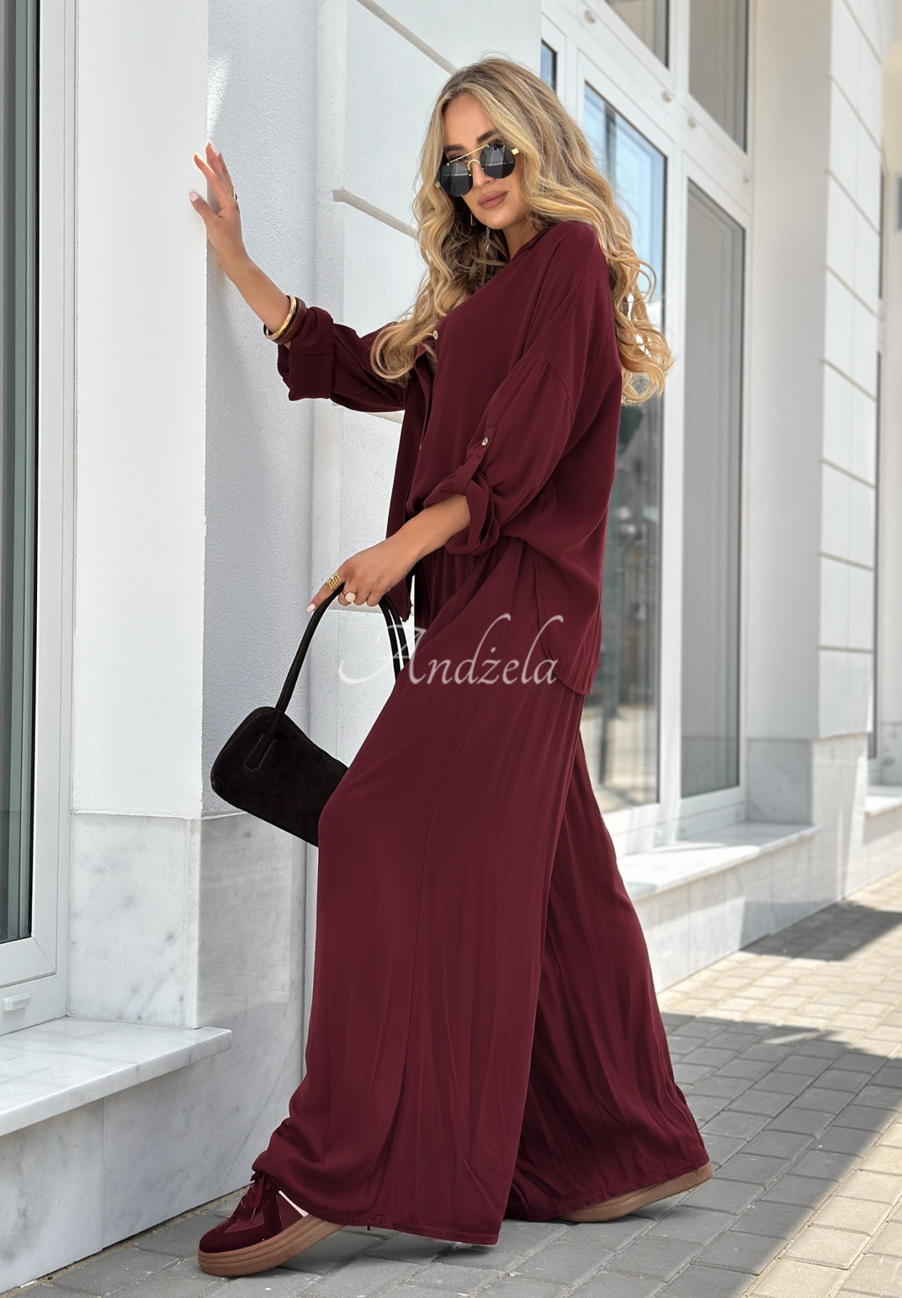 Viskózová souprava košile a kalhoty wide leg Summer Skies vínový