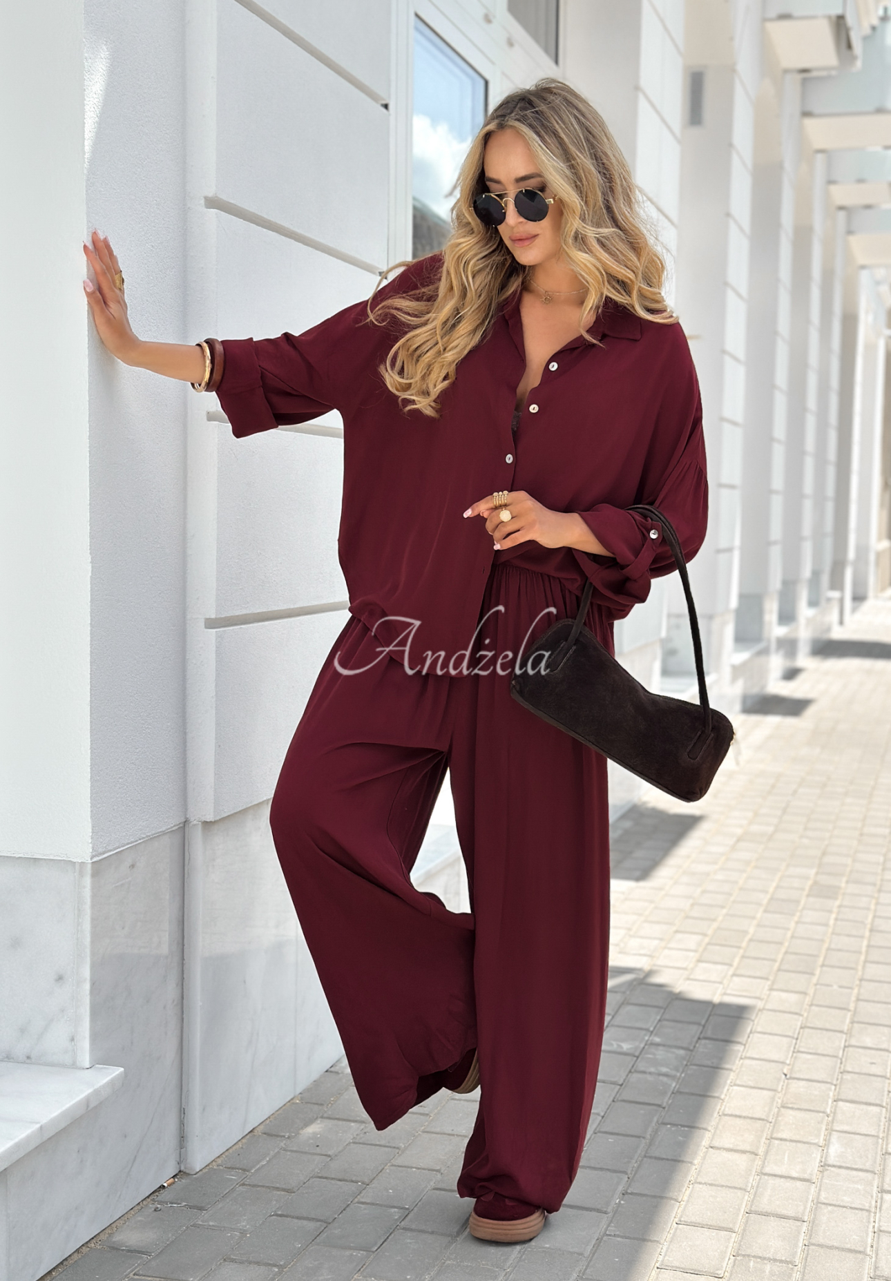 Viskózová souprava košile a kalhoty wide leg Summer Skies vínový