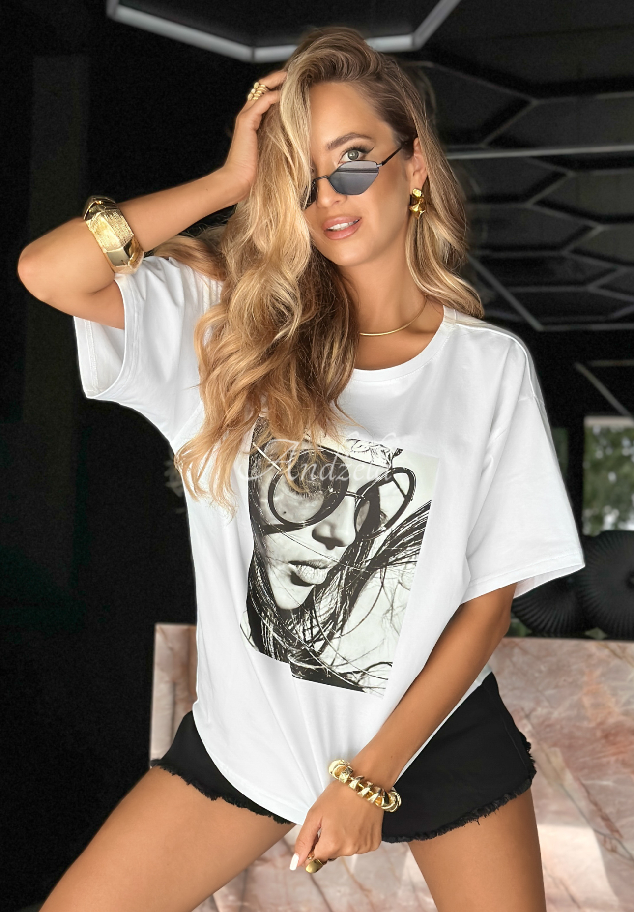 Krátké tričko s potiskem Sunglasses Bílá