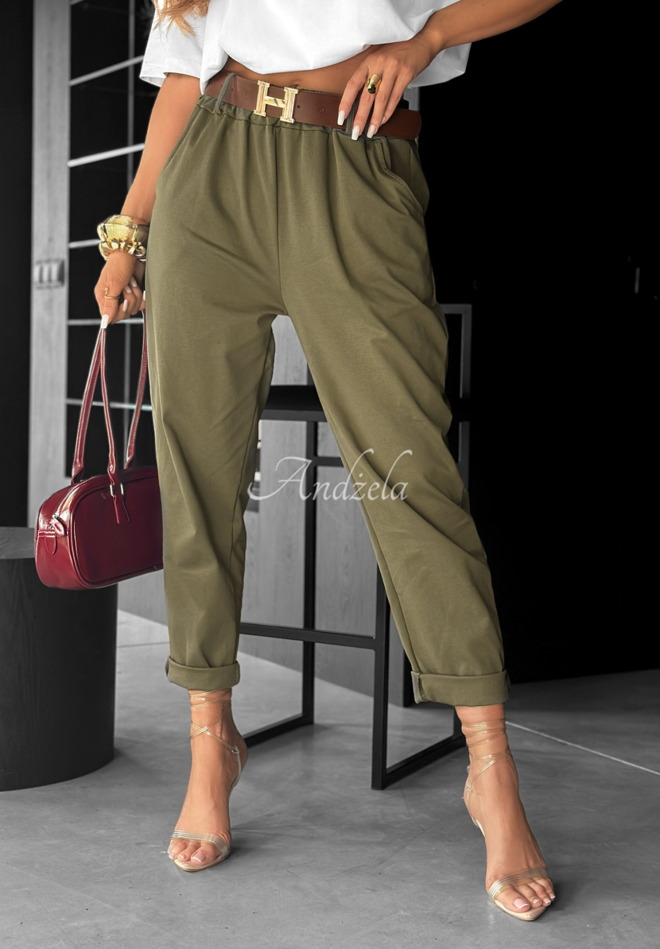 Kalhoty s páskem Take A Look khaki
