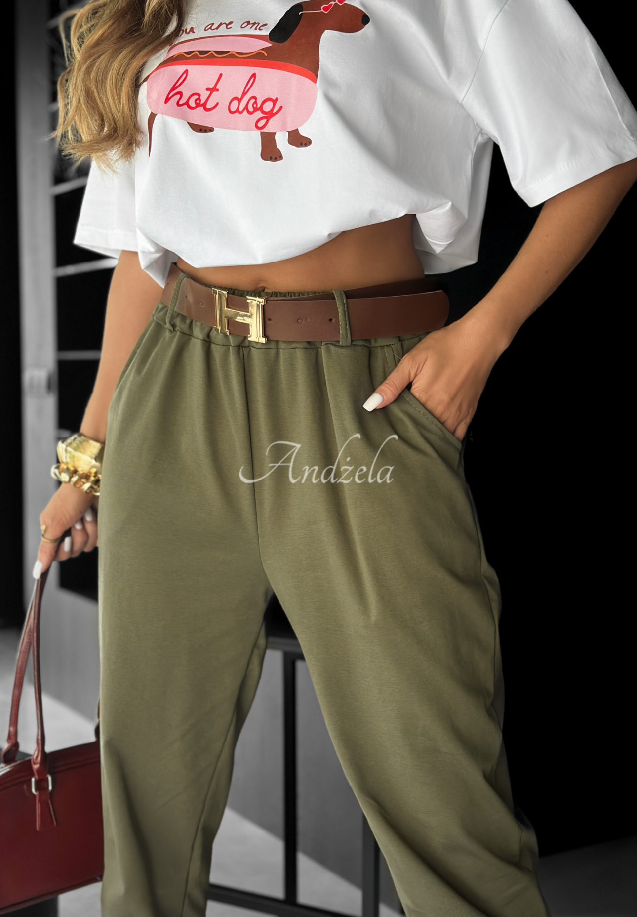 Kalhoty s páskem Take A Look khaki