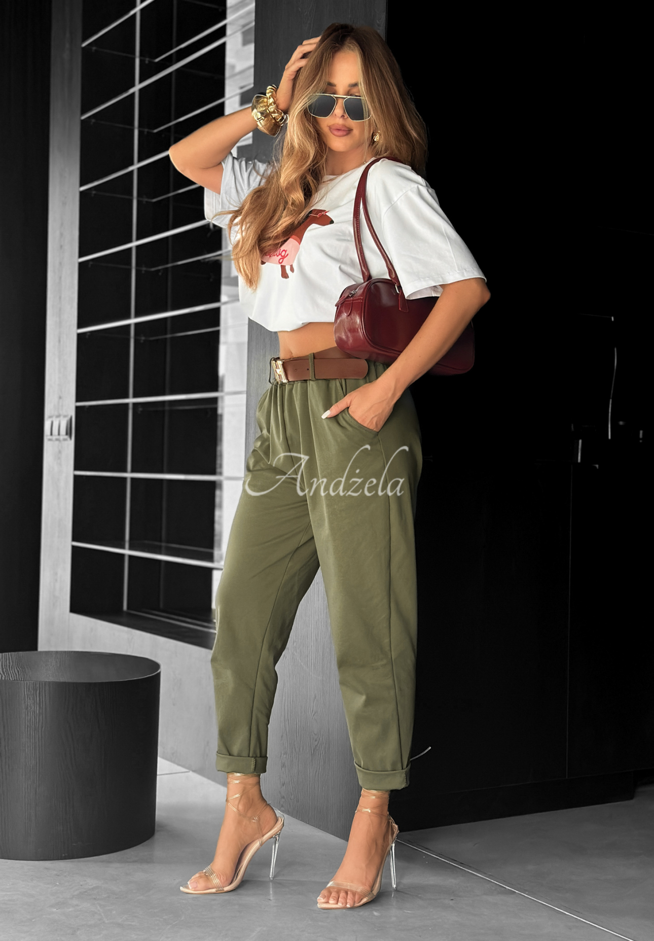 Kalhoty s páskem Take A Look khaki