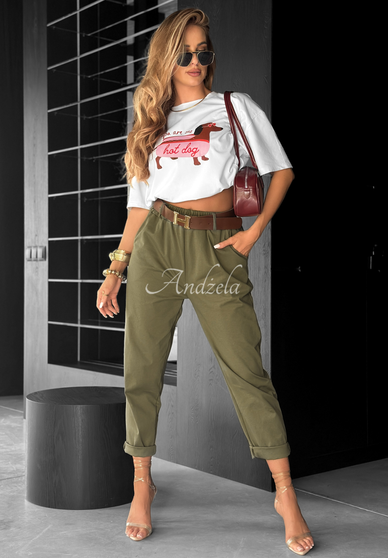 Kalhoty s páskem Take A Look khaki