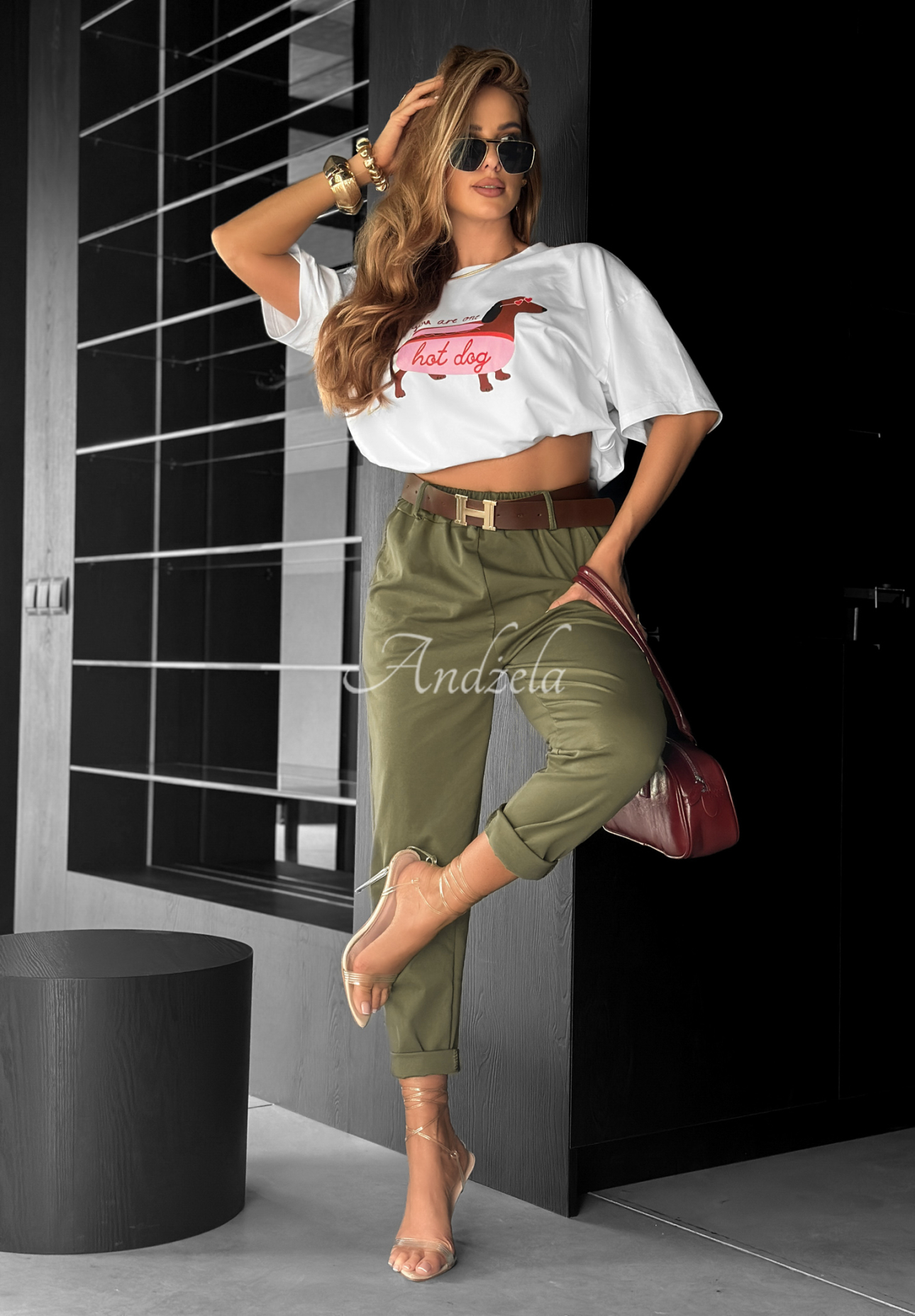 Kalhoty s páskem Take A Look khaki
