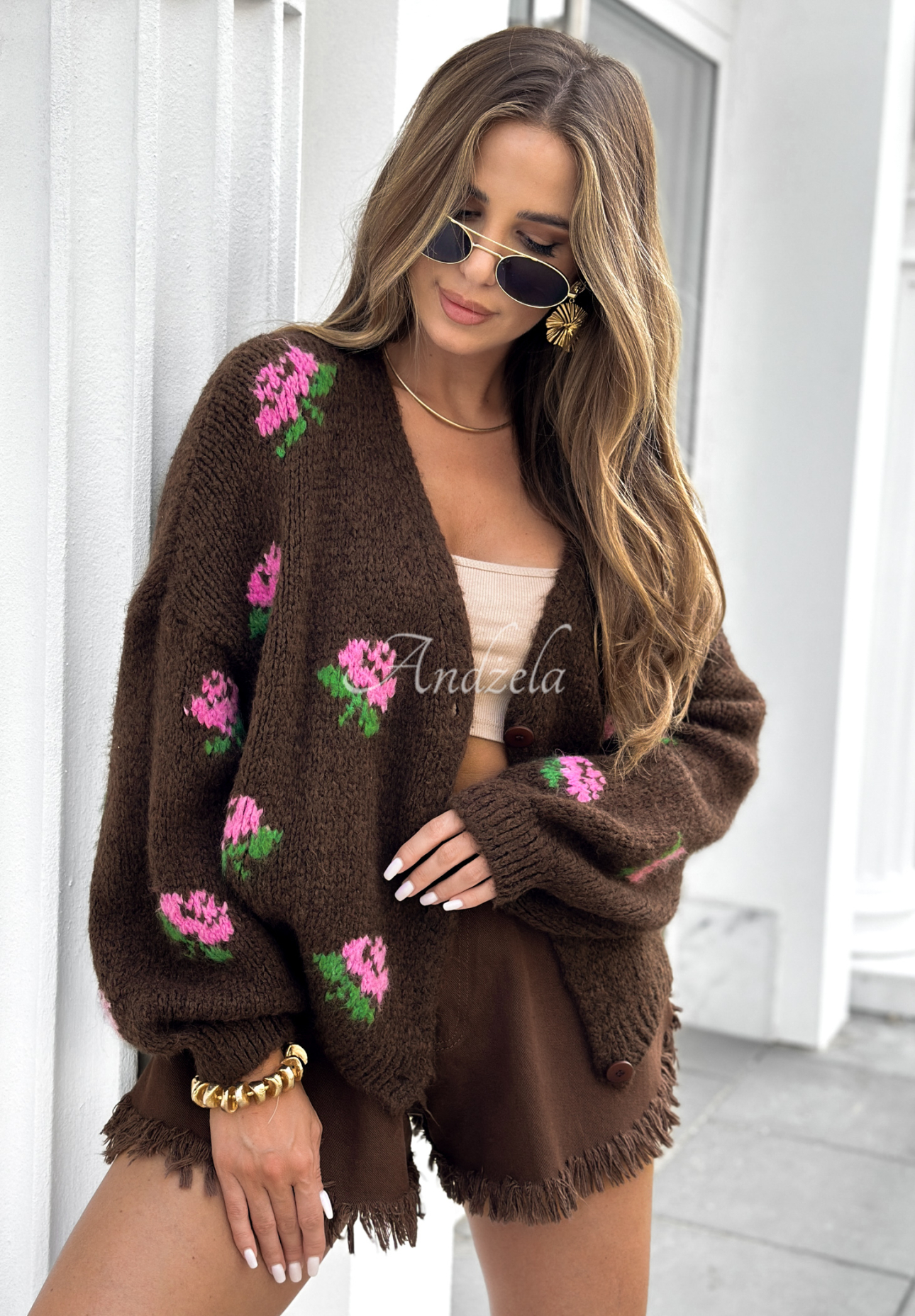 Krátký kardigan s květinami Bloomingdale čokoládový