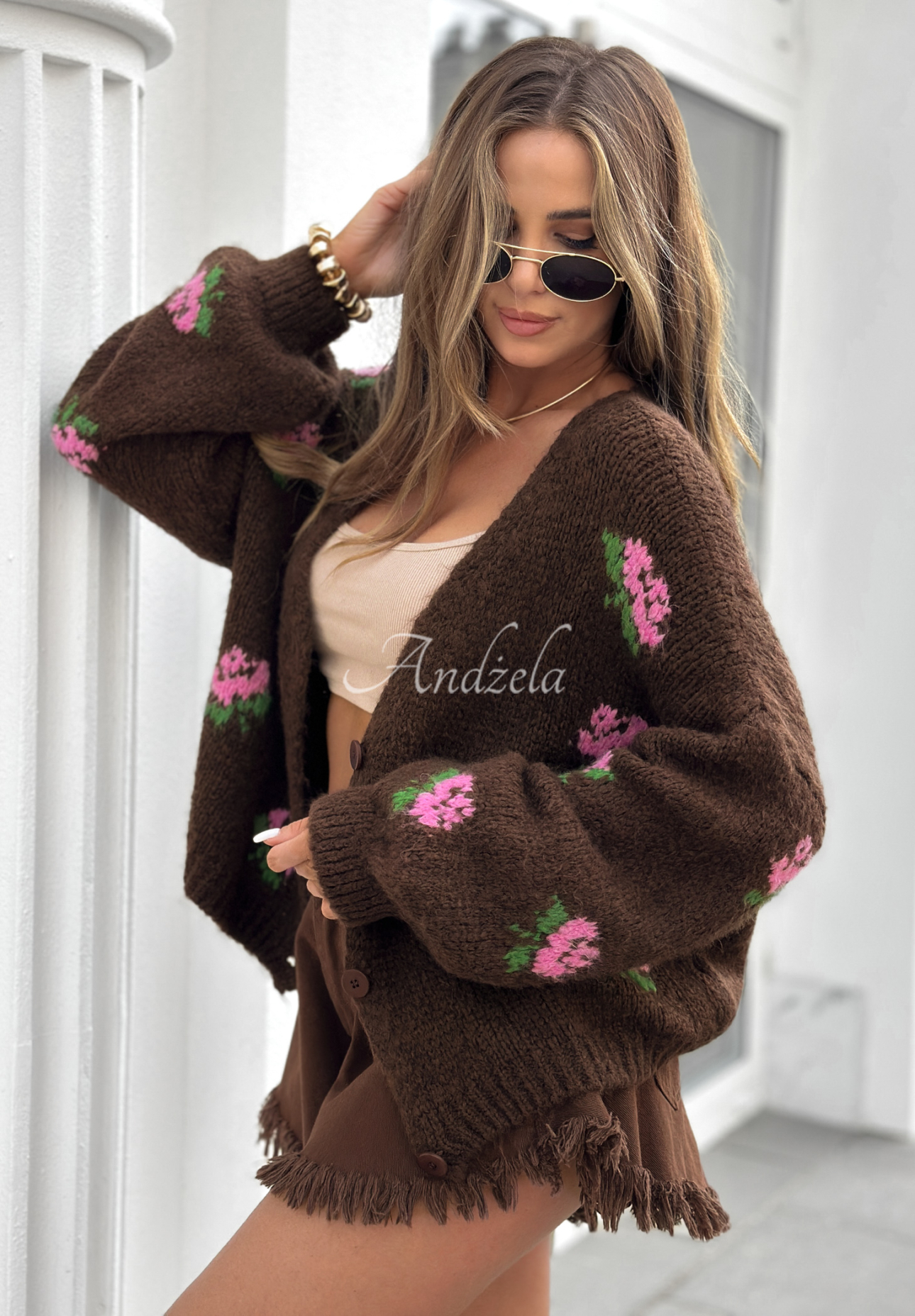 Krátký kardigan s květinami Bloomingdale čokoládový