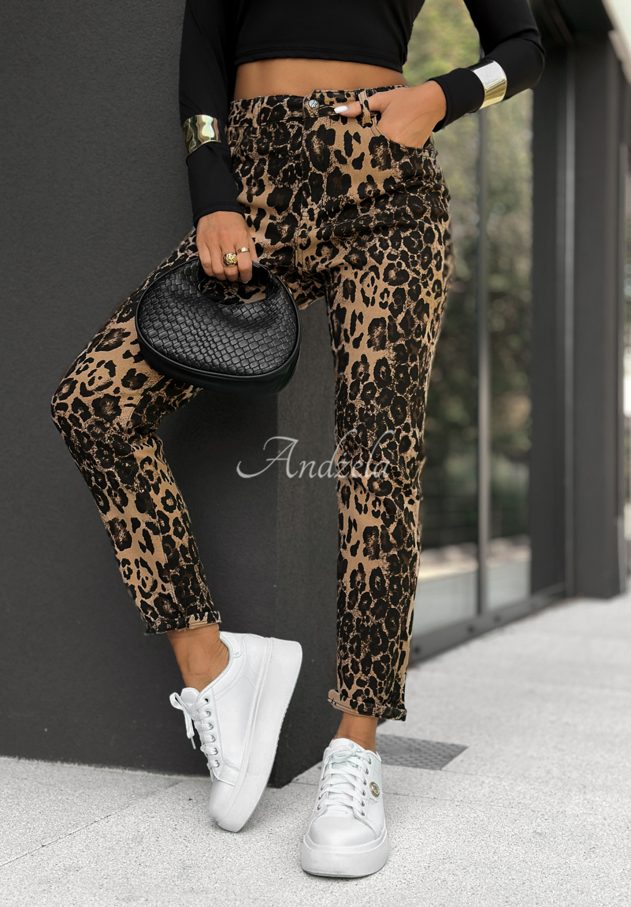 Džíny s leopardím vzorem Mixed Feelings béžovo-černé