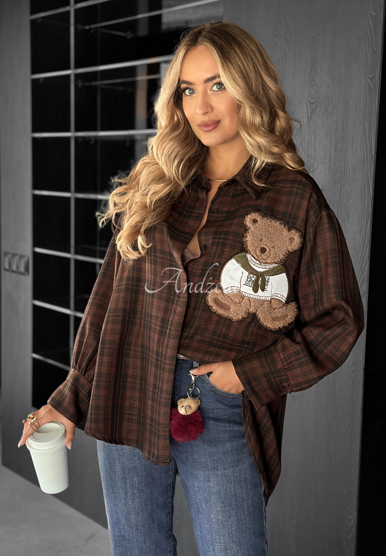 Kostkovaná košile s nášivkou Vintage Teddy čokoládová