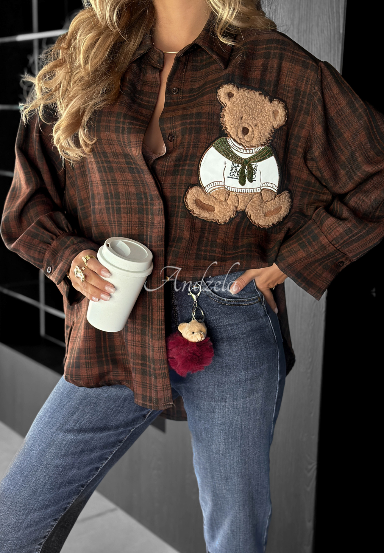 Kostkovaná košile s nášivkou Vintage Teddy čokoládová