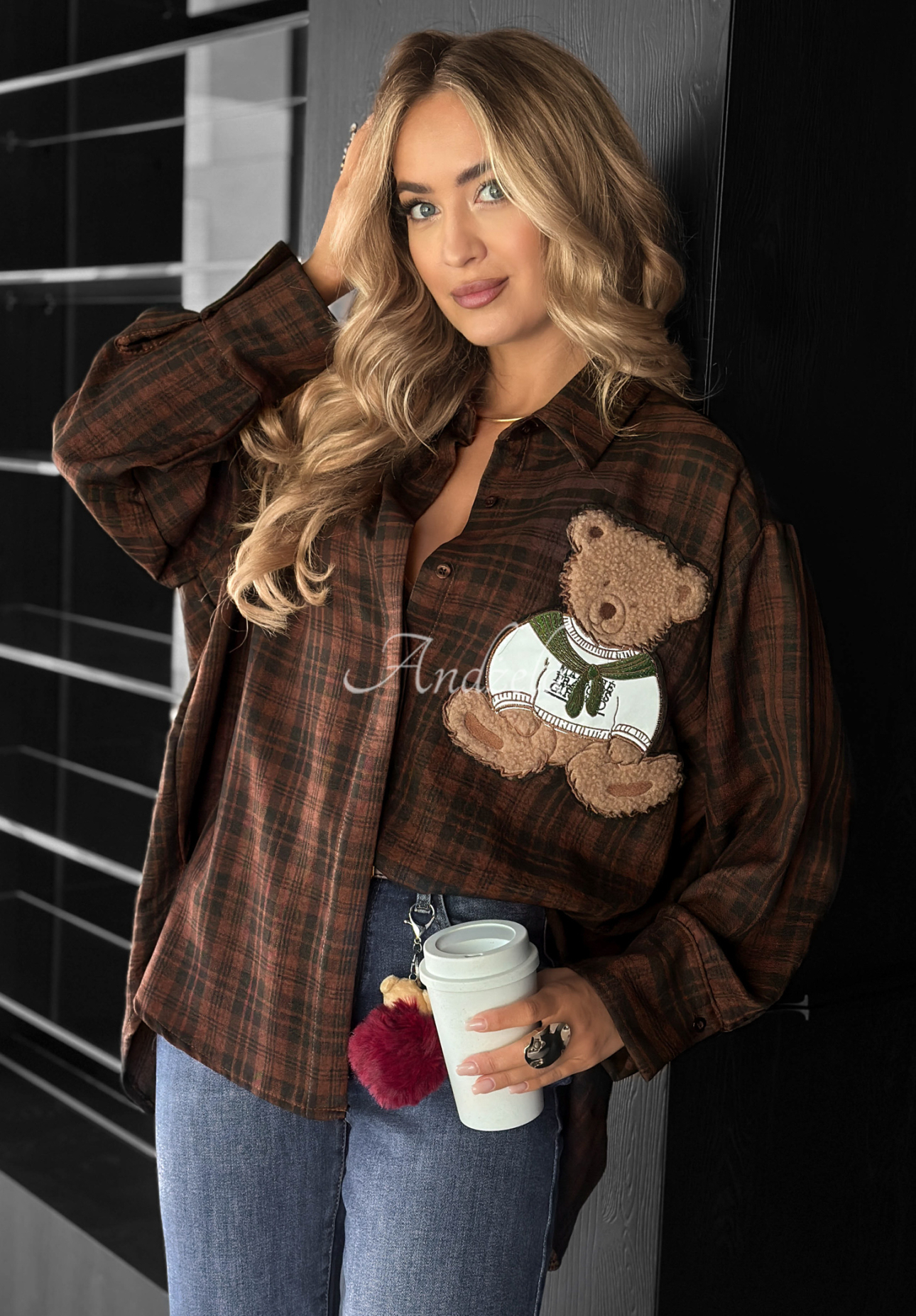 Kostkovaná košile s nášivkou Vintage Teddy čokoládová