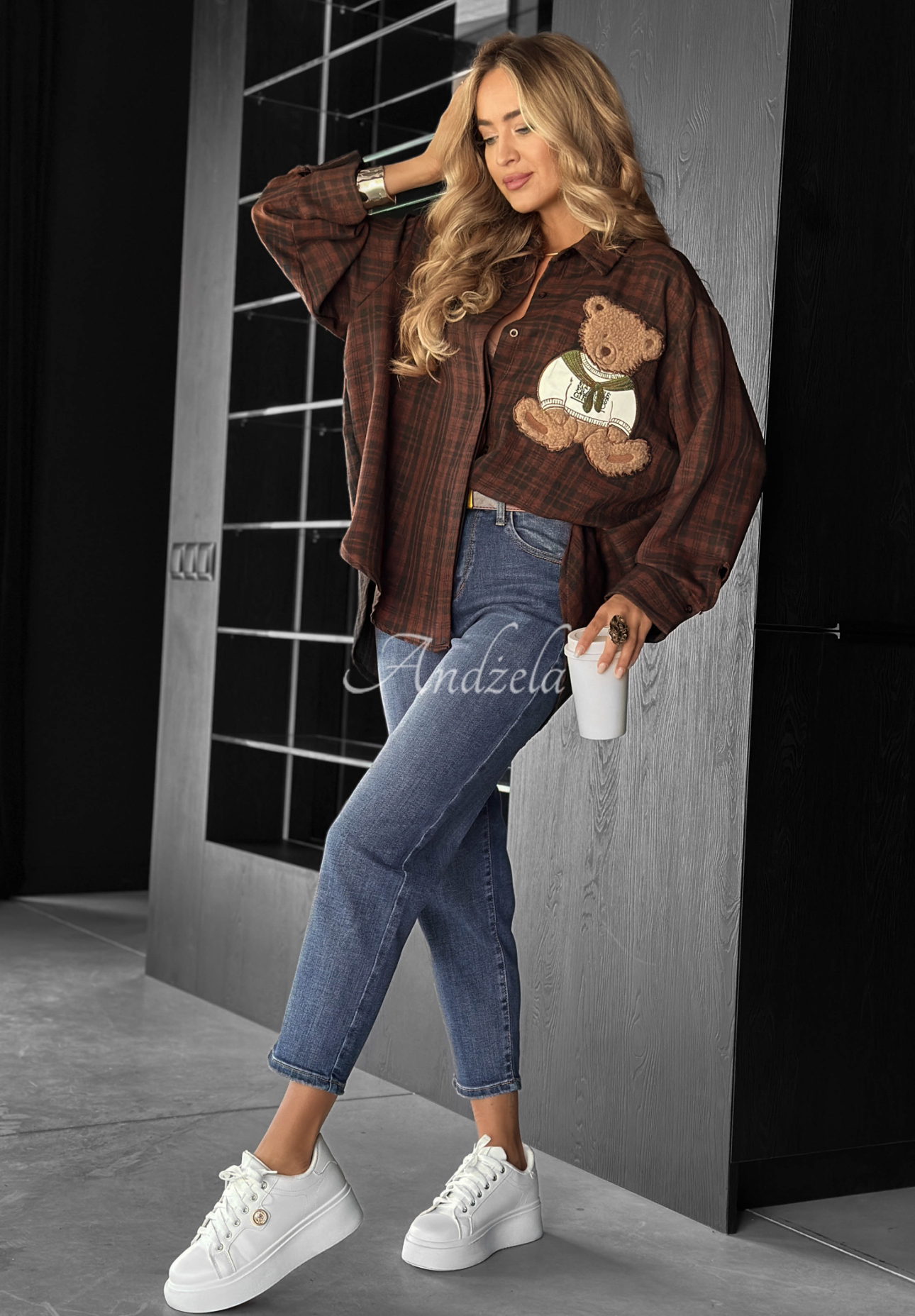 Kostkovaná košile s nášivkou Vintage Teddy čokoládová