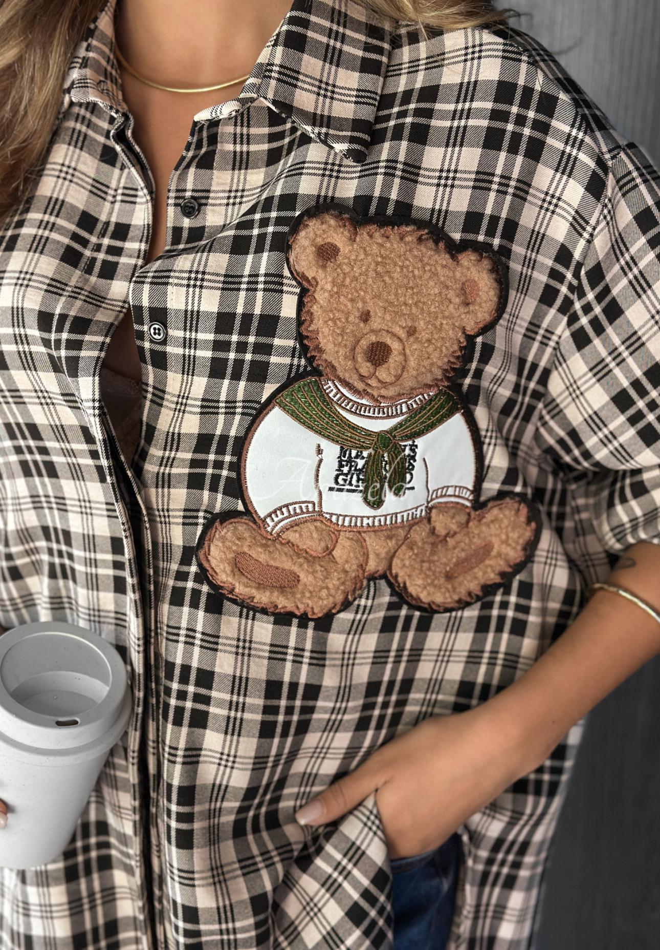 Kostkovaná košile s nášivkou Vintage Teddy béžová