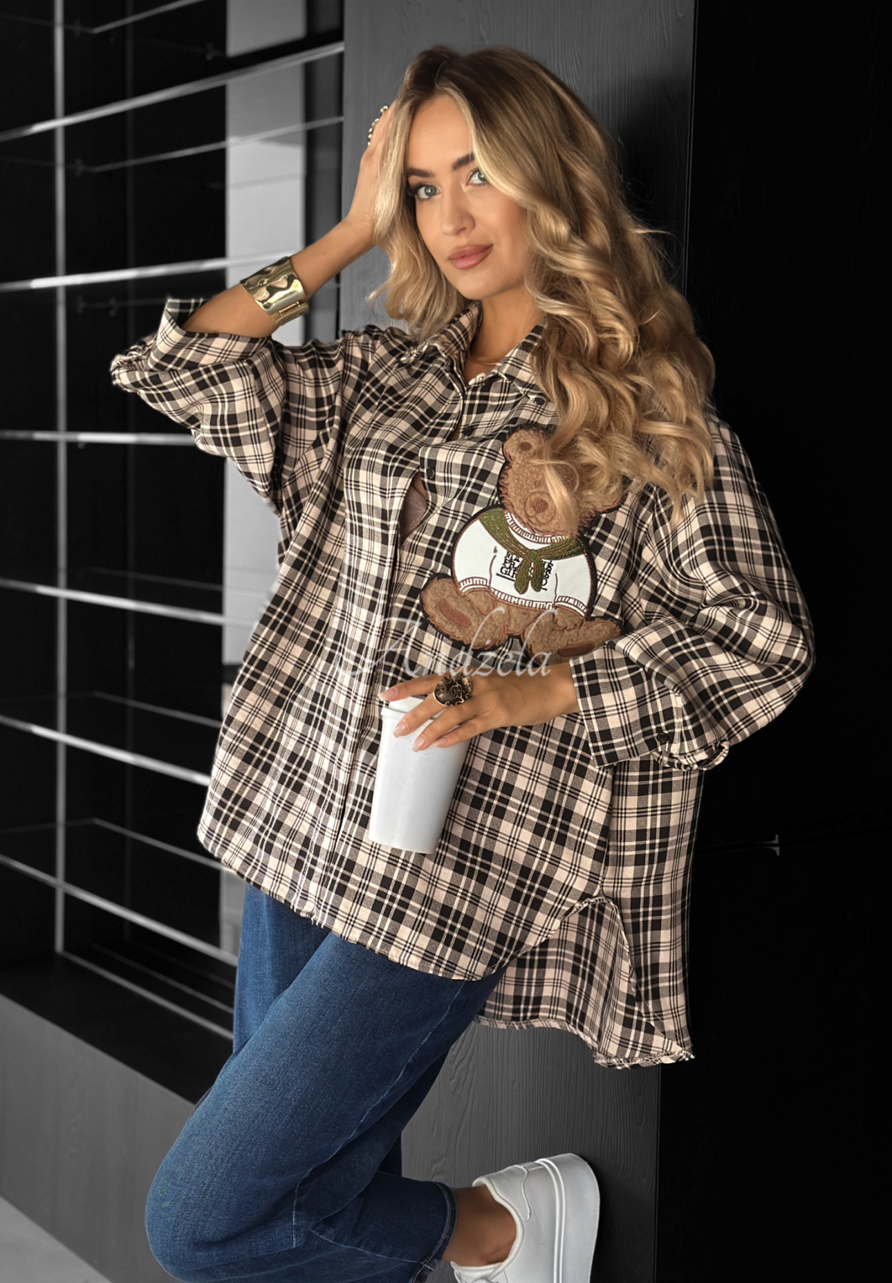 Kostkovaná košile s nášivkou Vintage Teddy béžová