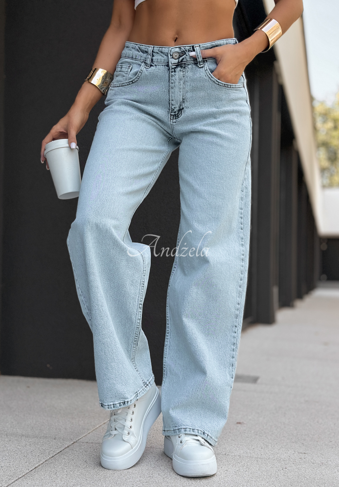 Džíny wide leg That One Text světle modré