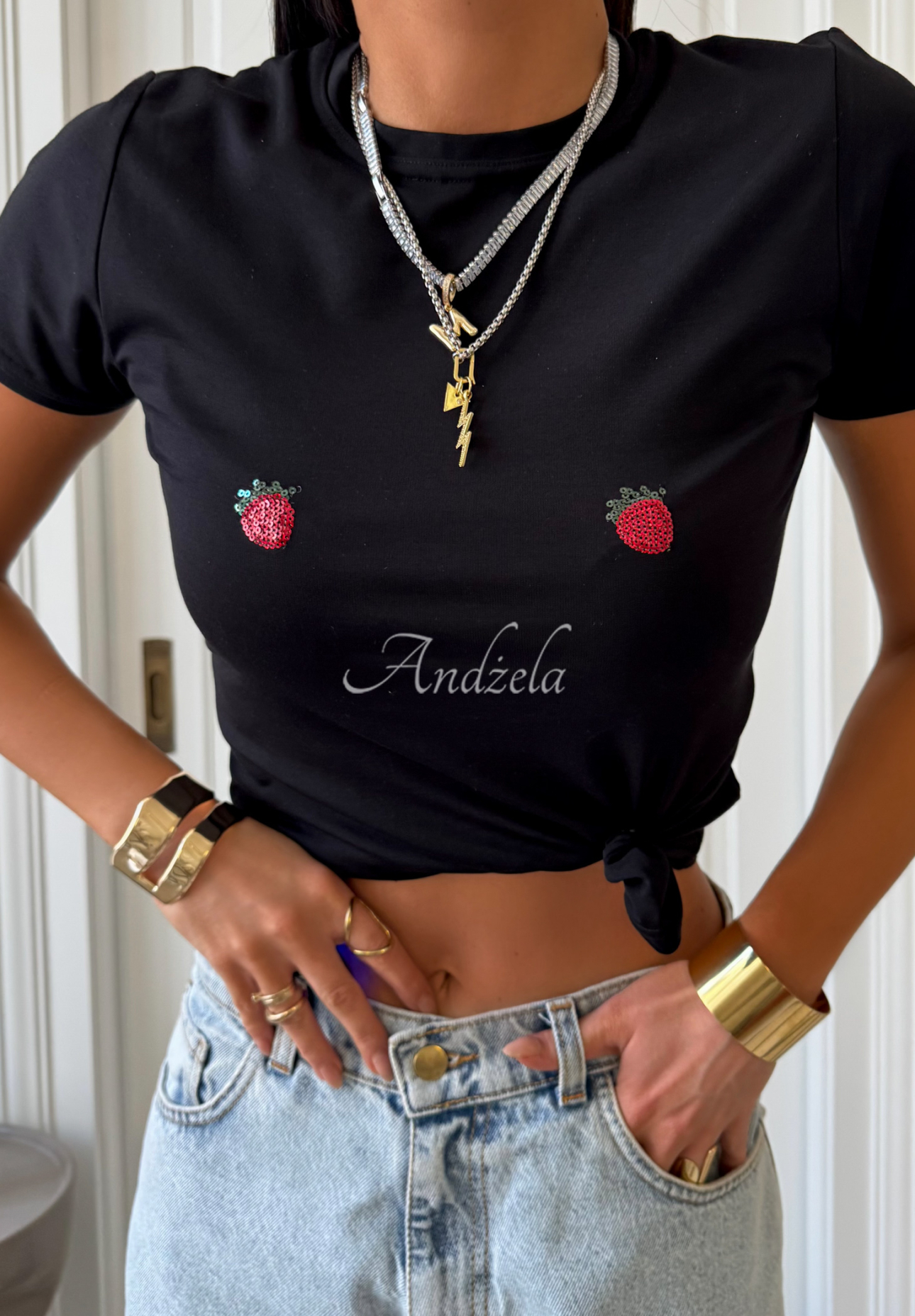 Viskózové tričko s nášivkami La Milla Strawberry In Chocolate Černé