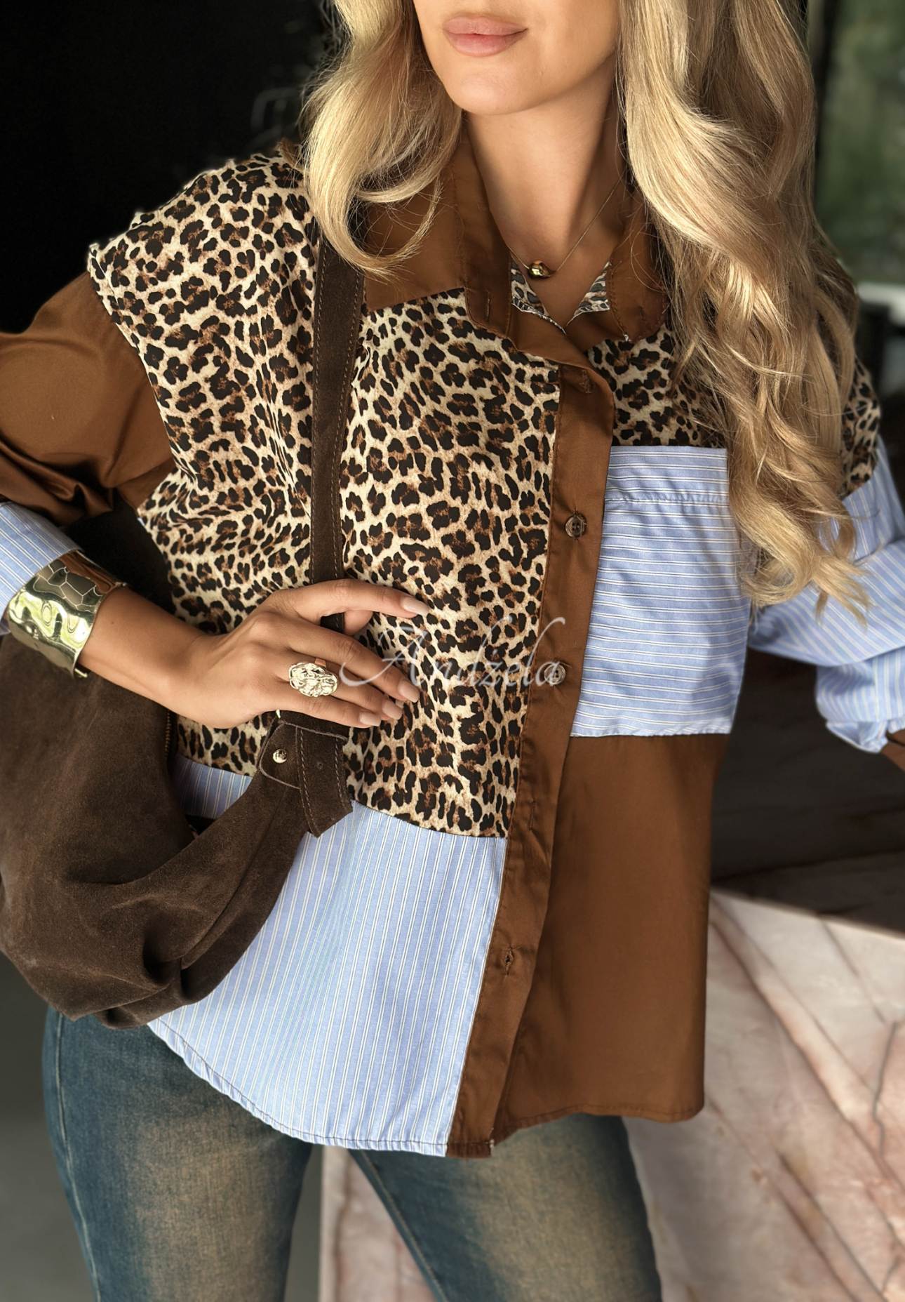 Košile s leopardím vzorem a pruhy Perfect Connection čokoládovo-modrá