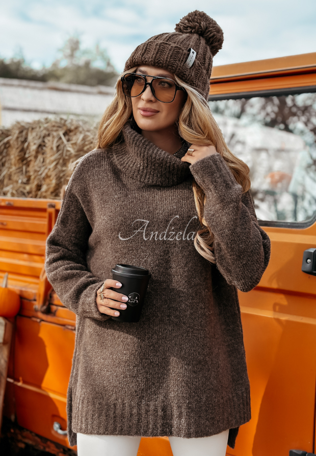 Svetr oversize s rol&aacute;kem Benin čokol&aacute;dov&yacute;