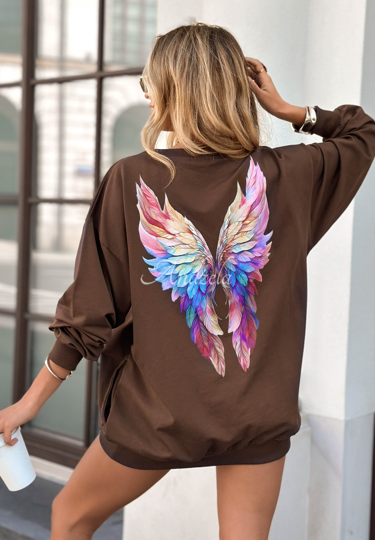 Mikina s potiskem Colorful Wings čokoládová