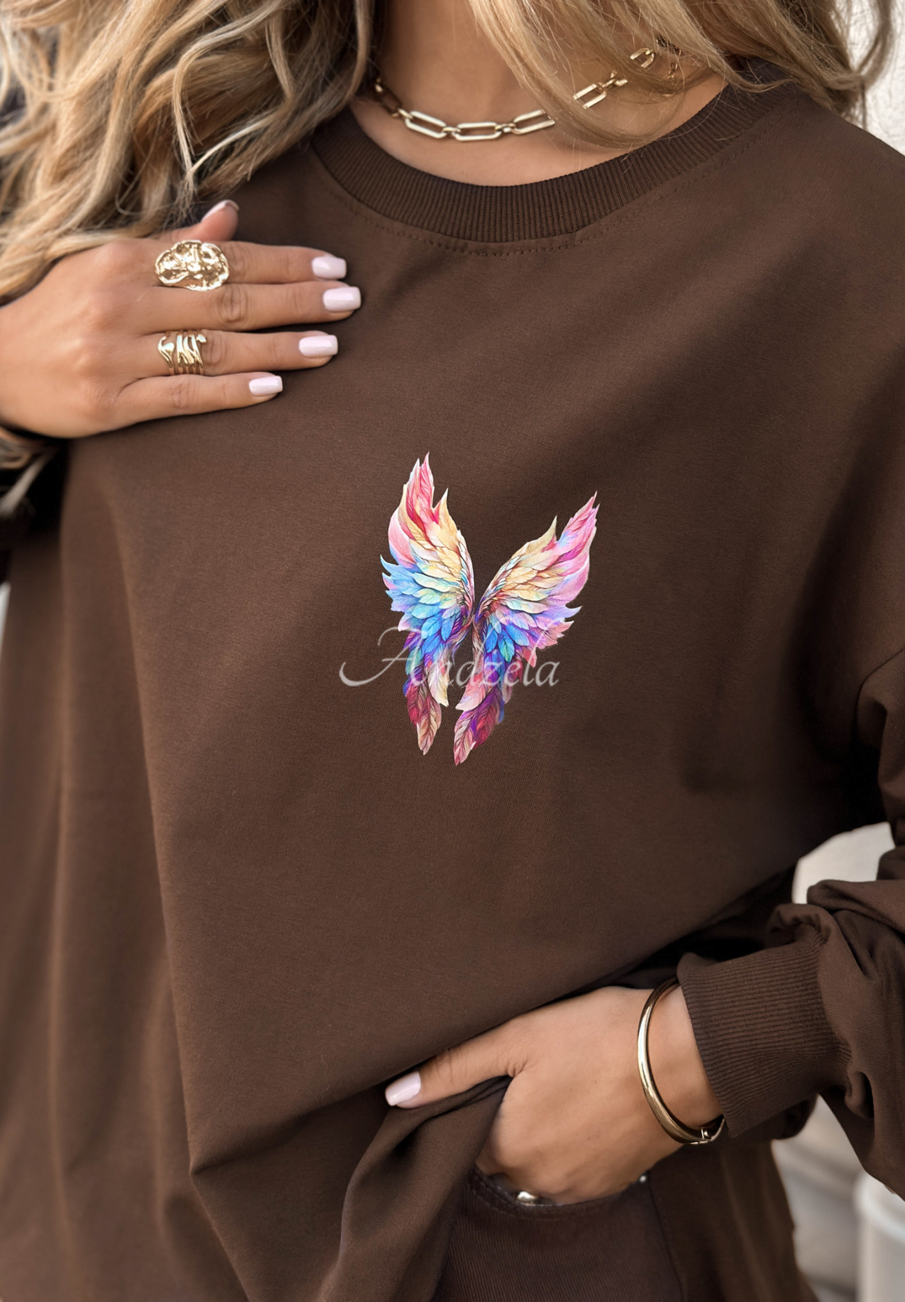 Mikina s potiskem Colorful Wings čokoládová