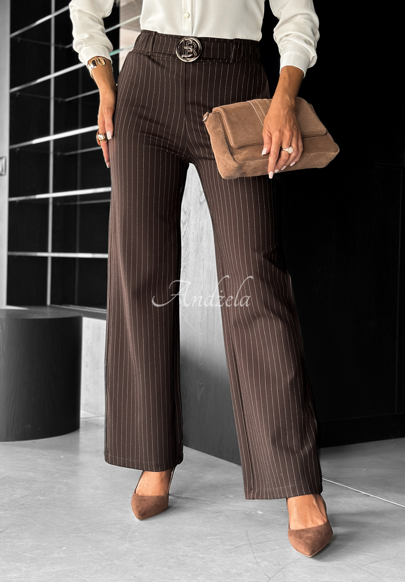 Elegantní kalhoty wide leg s proužky One More Time čokoládové