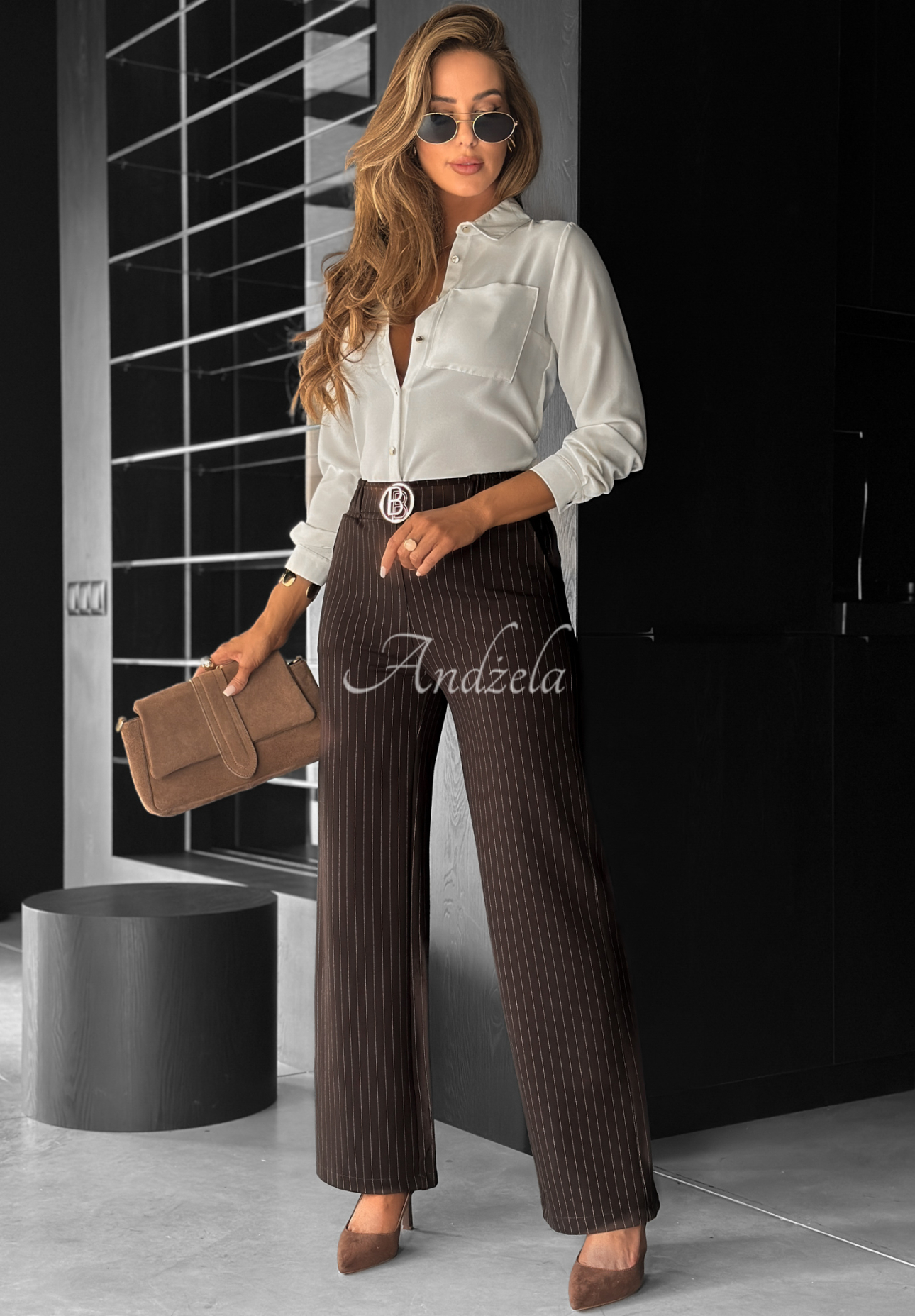 Elegantní kalhoty wide leg s proužky One More Time čokoládové