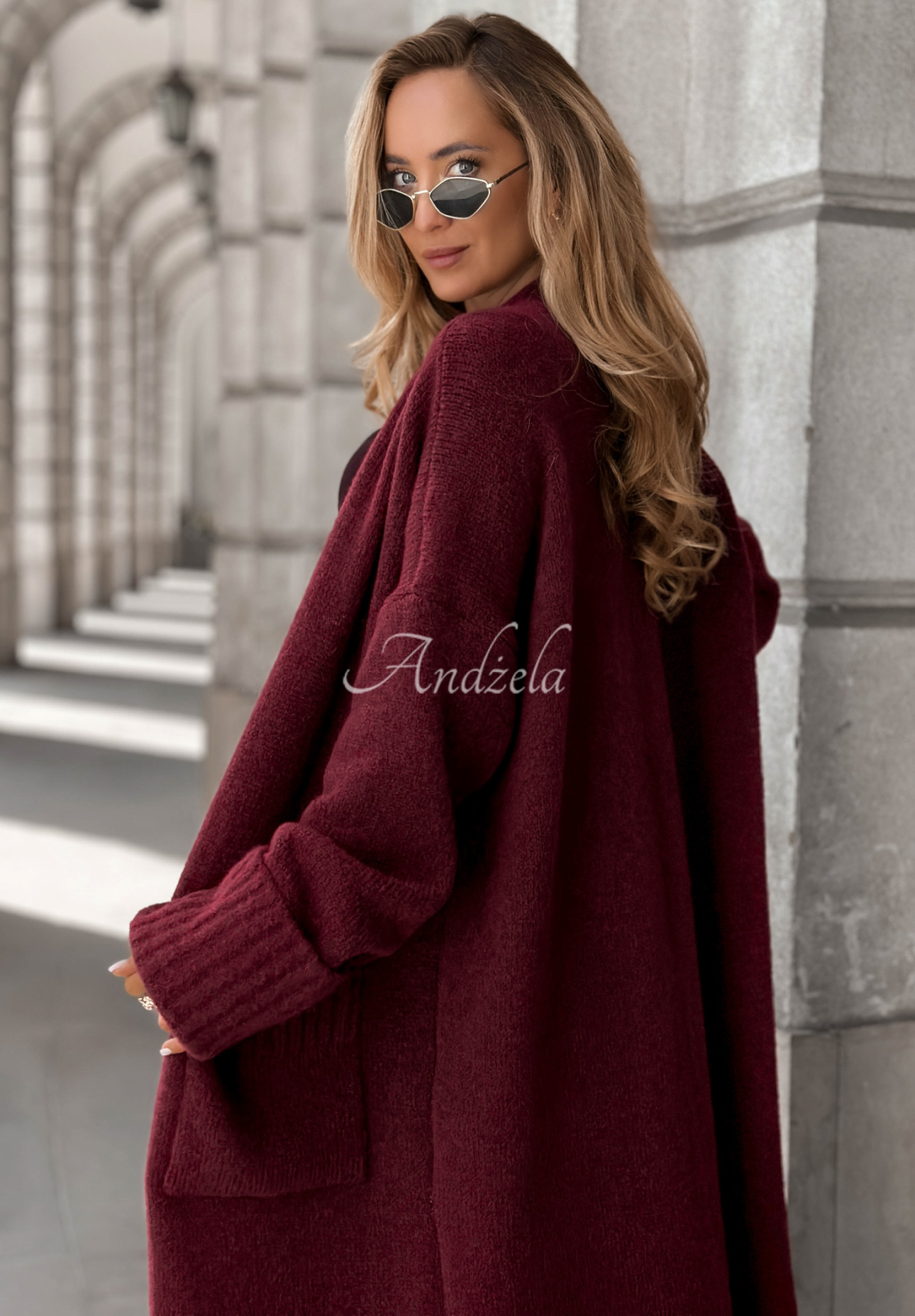 Dlouhý Kardigan oversize s kapsami Marbelio vínový