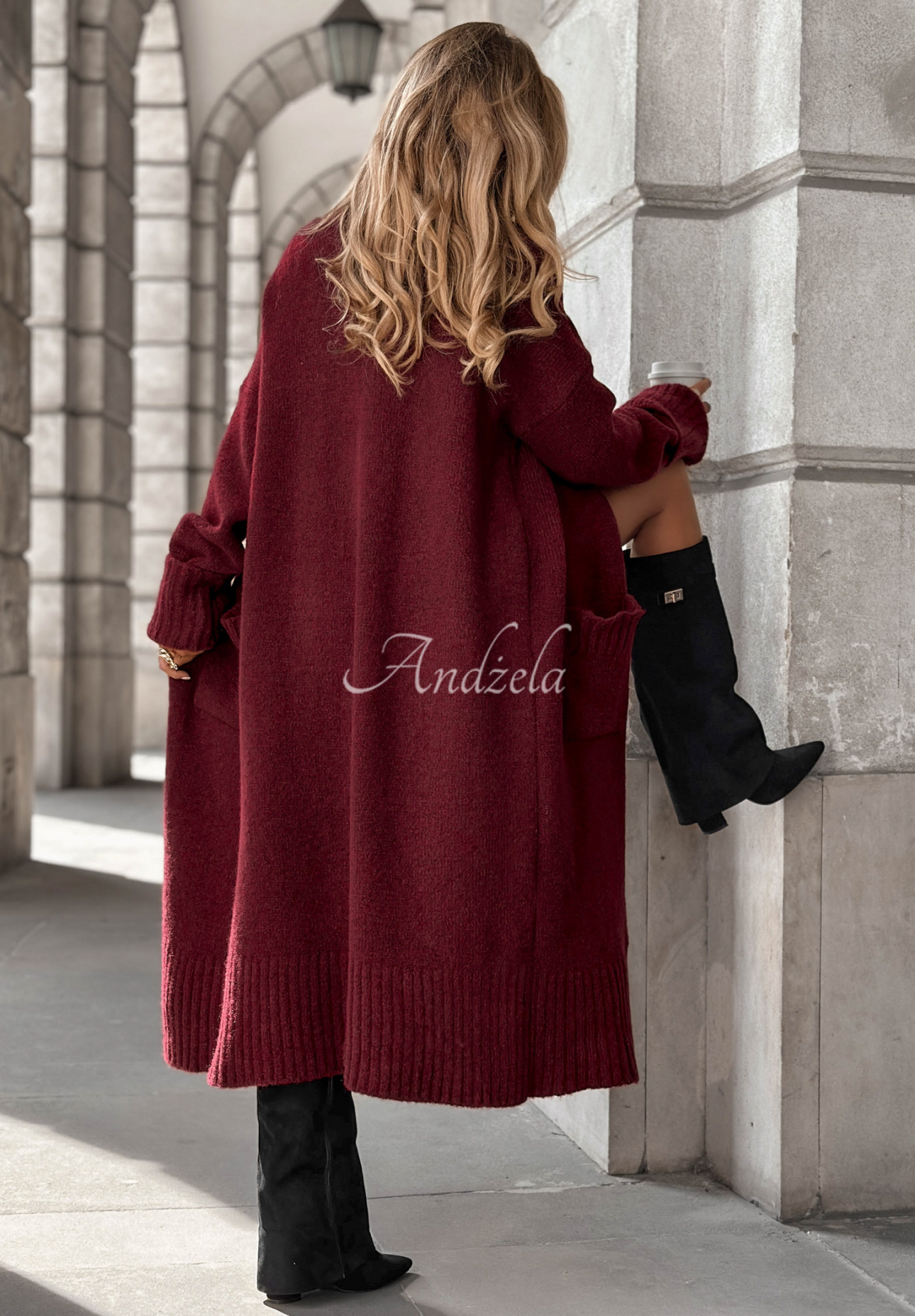 Dlouhý Kardigan oversize s kapsami Marbelio vínový