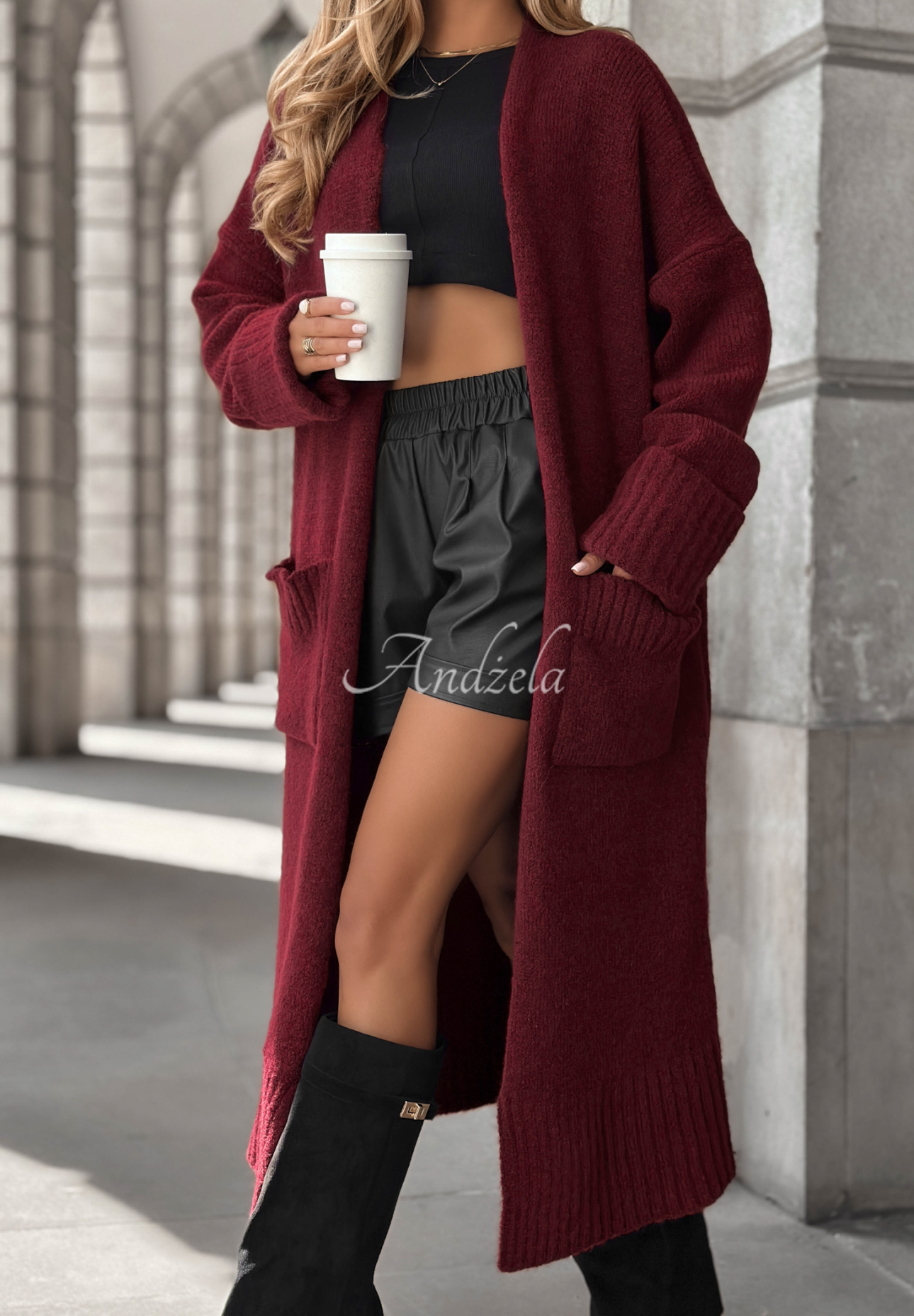 Dlouhý Kardigan oversize s kapsami Marbelio vínový