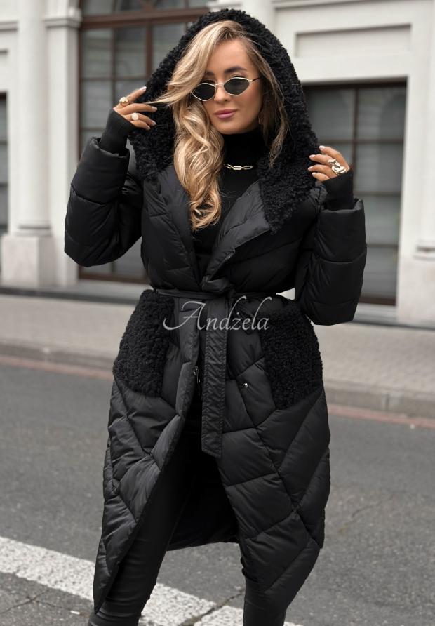 Dlouh&aacute; pro&scaron;&iacute;van&aacute; bunda s kož&iacute;&scaron;kem Long Cold Winter čern&aacute;
