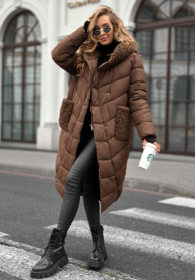 Dlouhá prošívaná bunda s kožíškem Long Cold Winter čokoládová