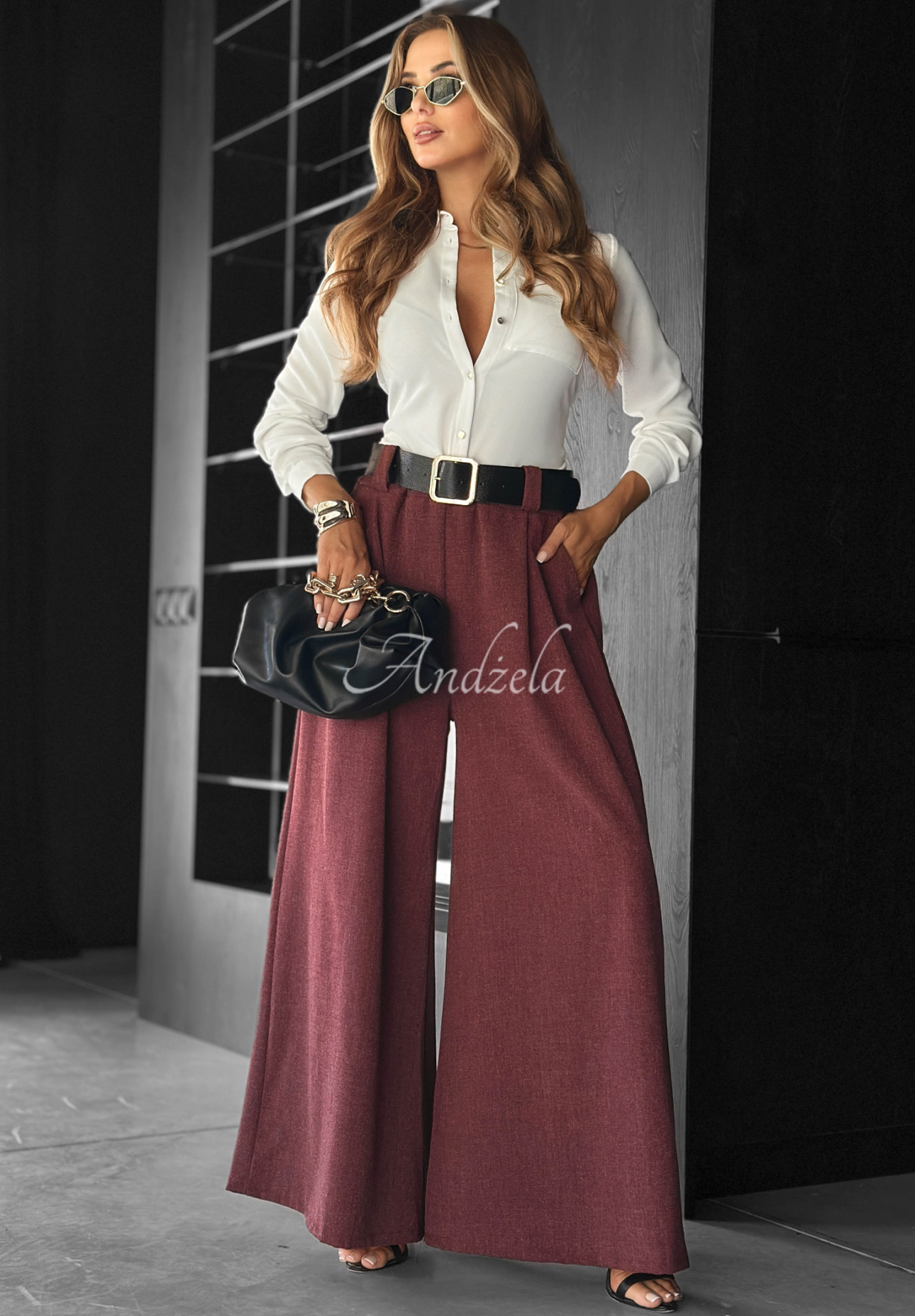Látkové kalhoty wide leg Need Coffee bordové