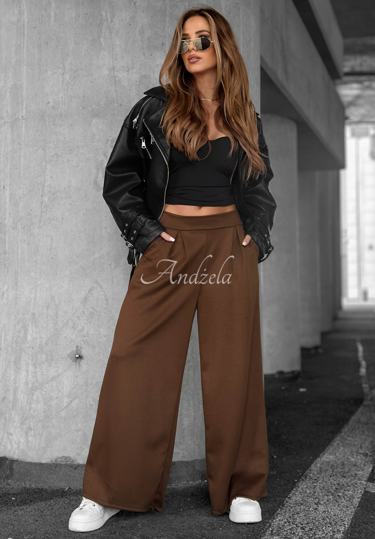 Látkové kalhoty wide leg Listen Me čokoládové