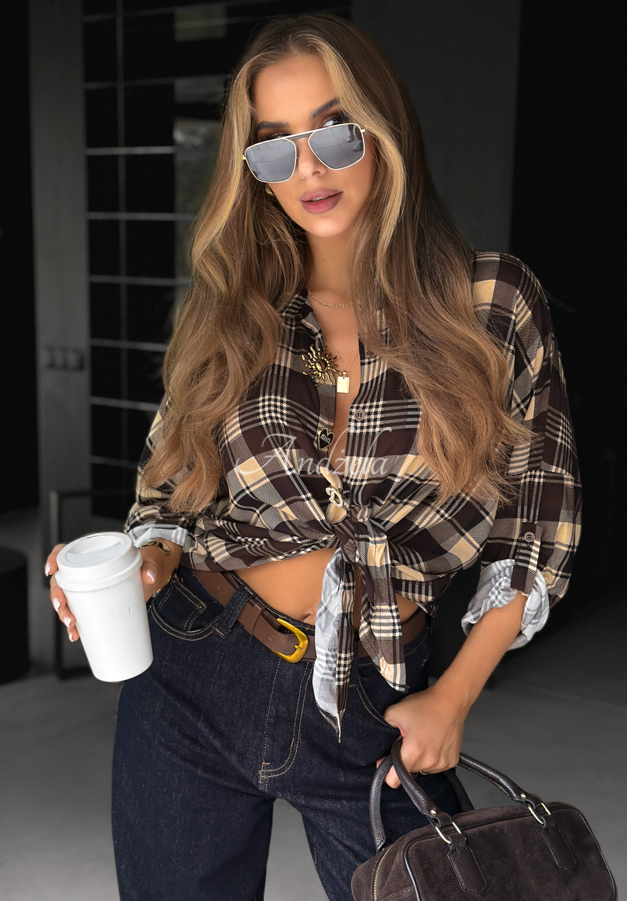Viskózová károvaná košile Latte Time čokoládová