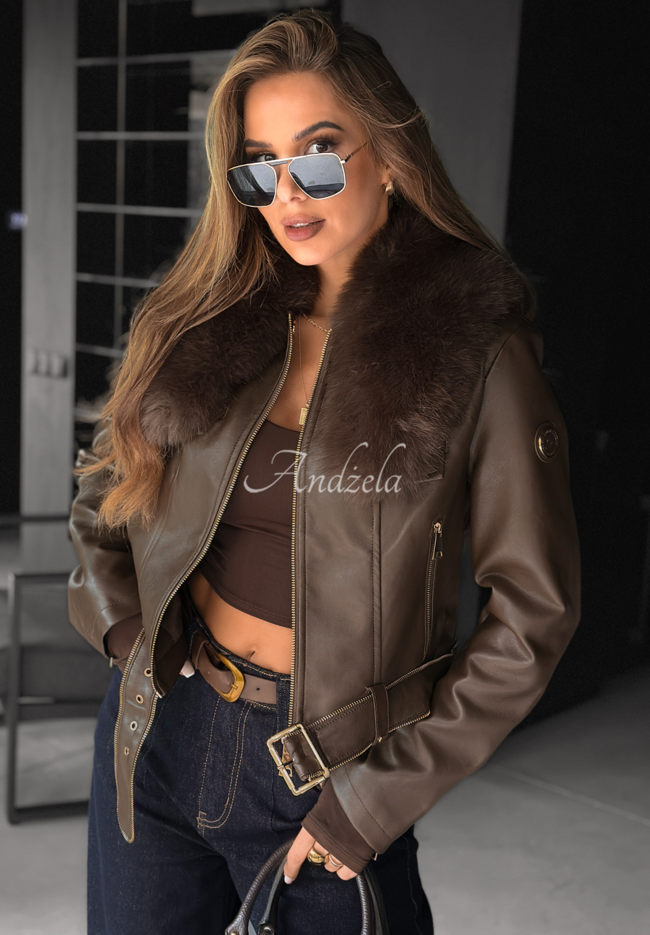 Kožený křivák s kožíškem Still Unread čokoládová