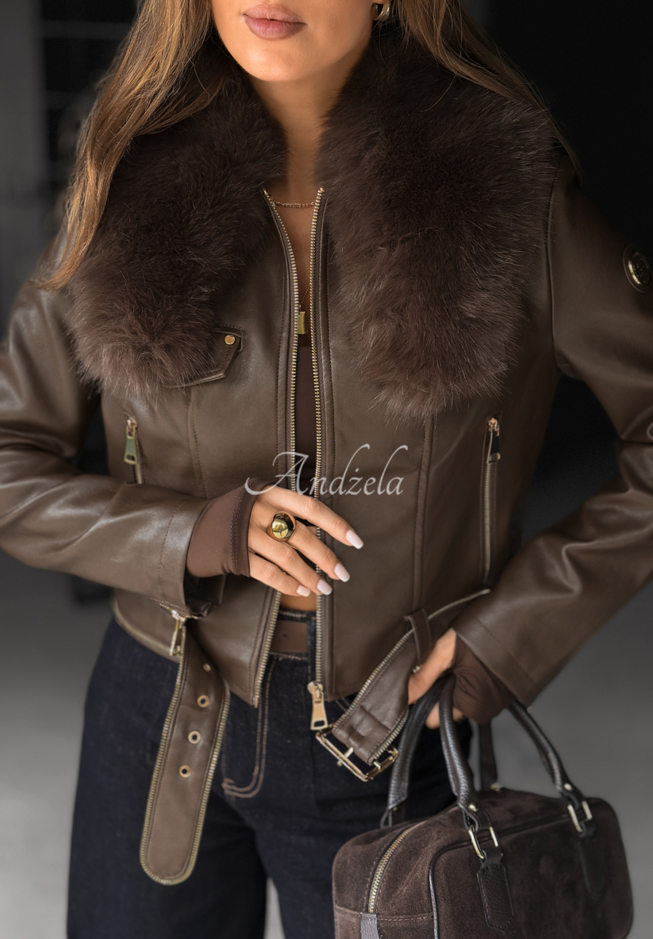 Kožený křivák s kožíškem Still Unread čokoládová