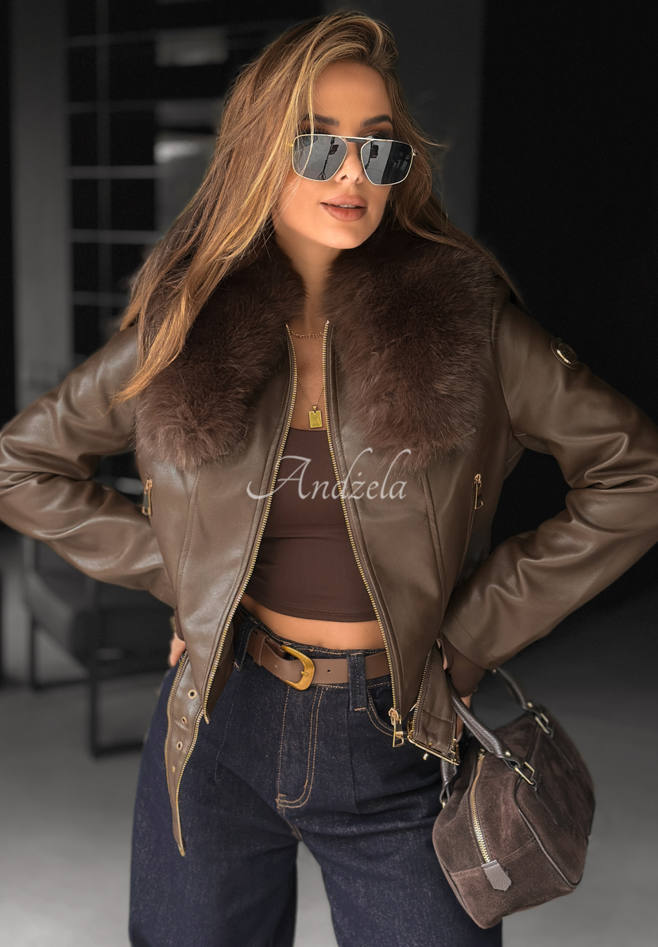 Kožený křivák s kožíškem Still Unread čokoládová