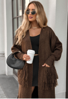 Dlouhý kardigan z frędzlami Find Her Glow čokoládový