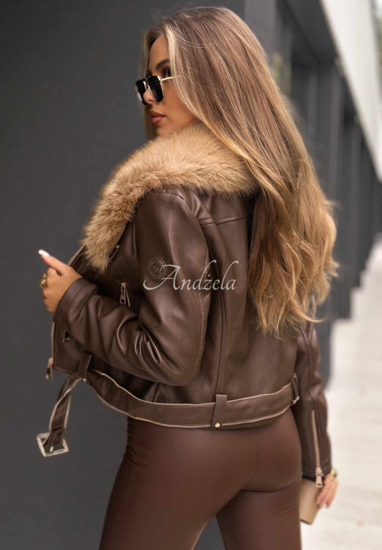 Kožený křivák s kožíškem Still Unread čokoládovo-béžová