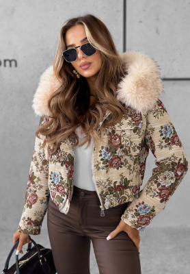 Žakárová bunda s květy s kožíškem Frosted Flowers béžová